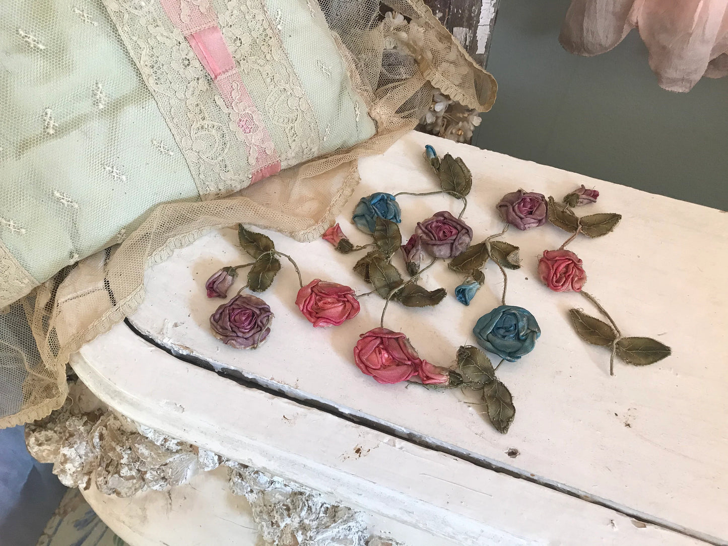 Antique Ribbonwork Garland Pink Blue Purple Silk Rosettes