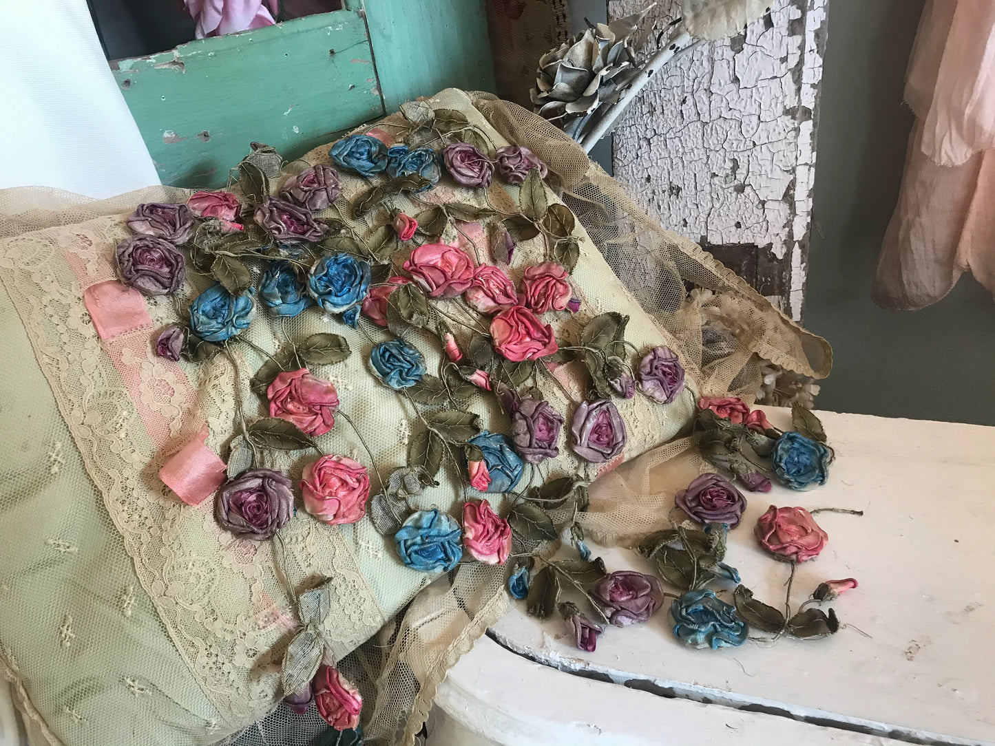 Antique Ribbonwork Garland Pink Blue Purple Silk Rosettes