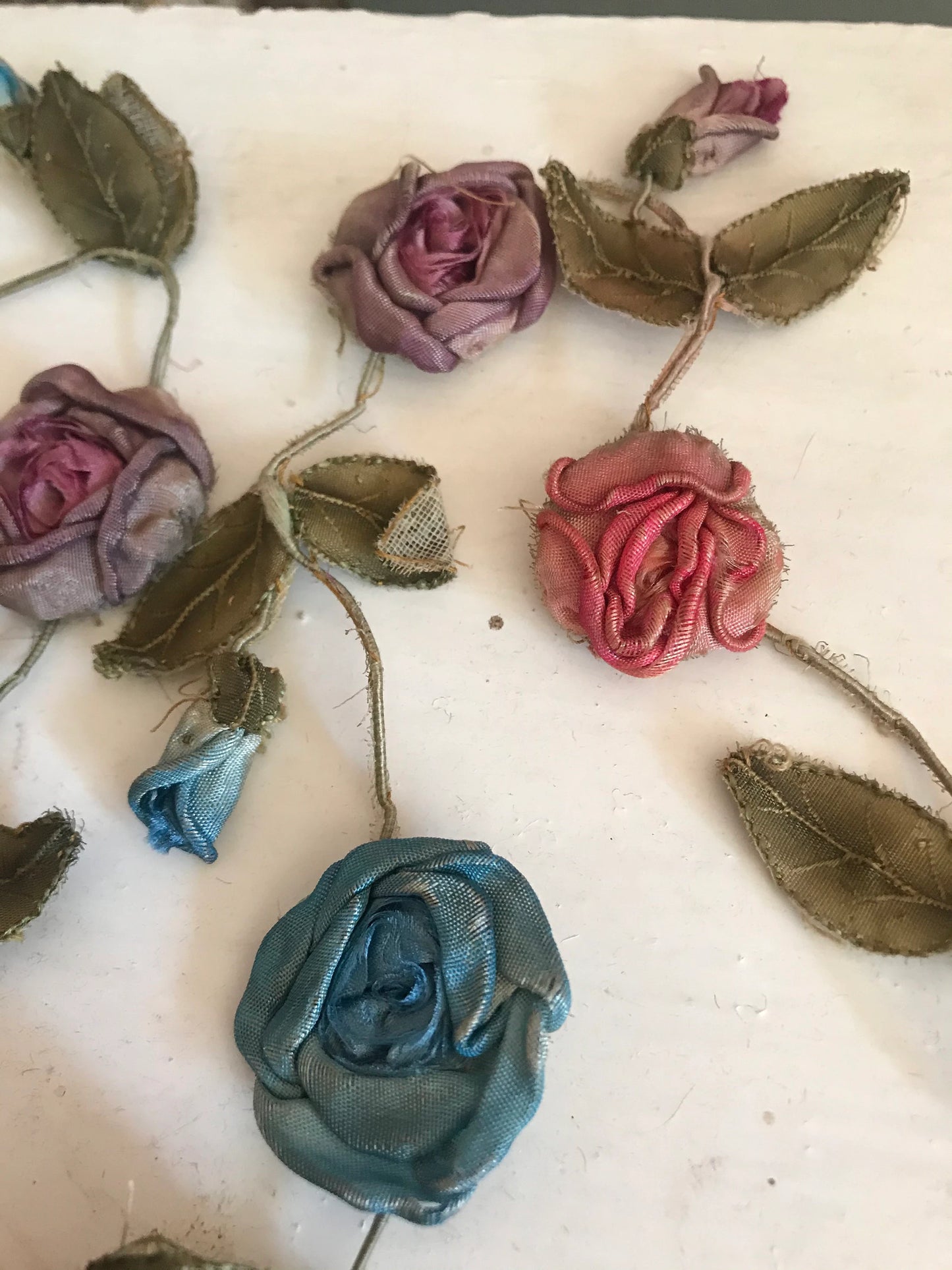 Antique Ribbonwork Garland Pink Blue Purple Silk Rosettes