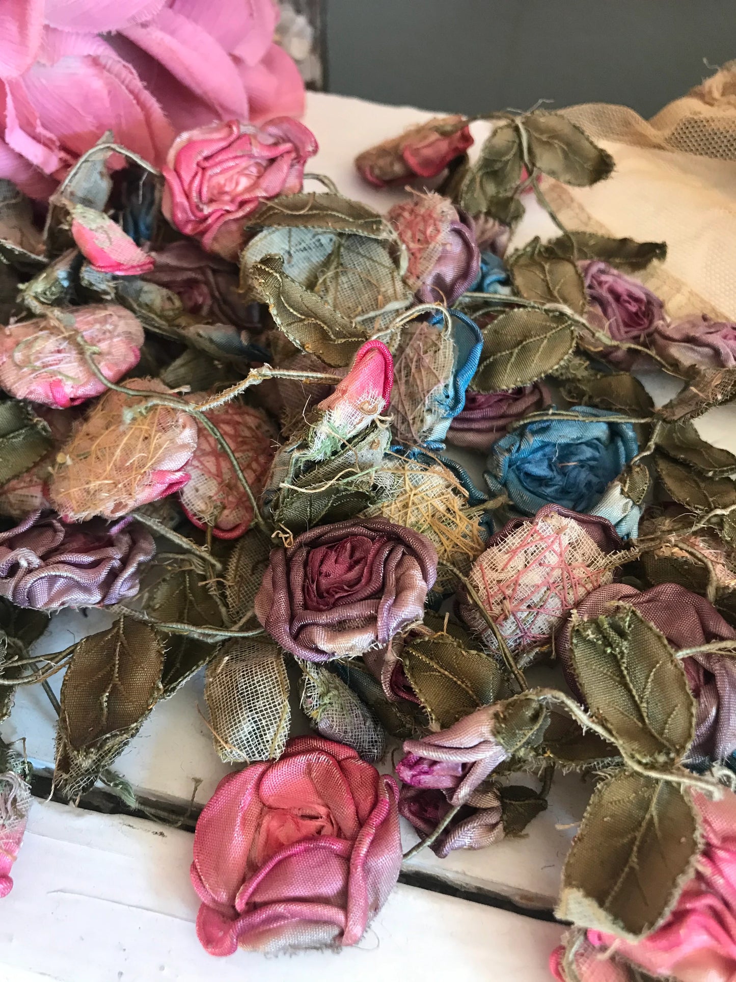 Antique Ribbonwork Garland Pink Blue Purple Silk Rosettes