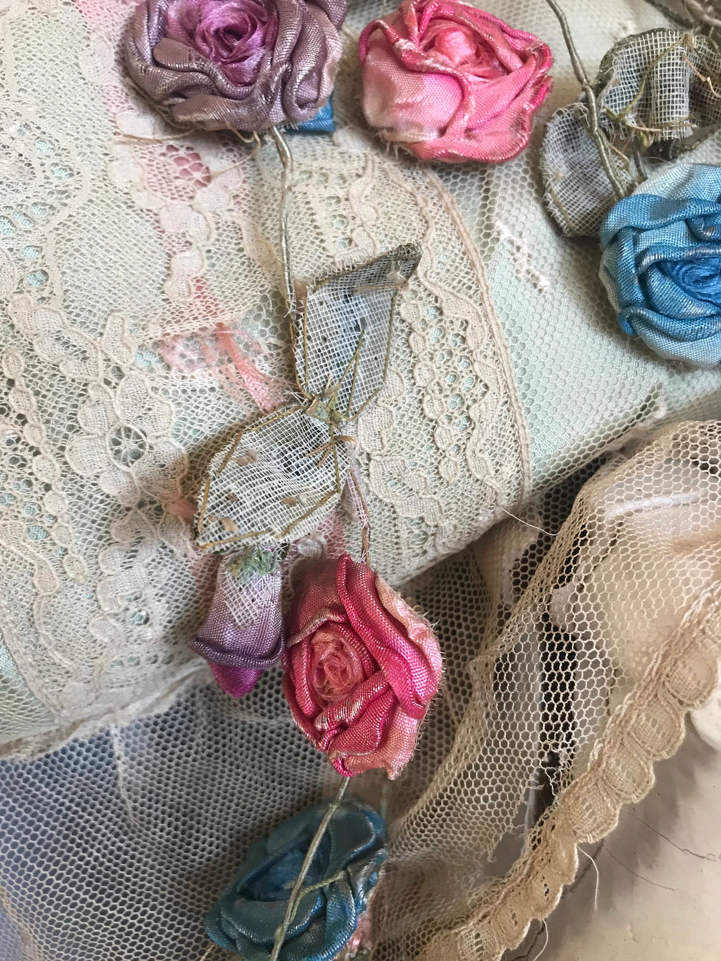 Antique Ribbonwork Garland Pink Blue Purple Silk Rosettes