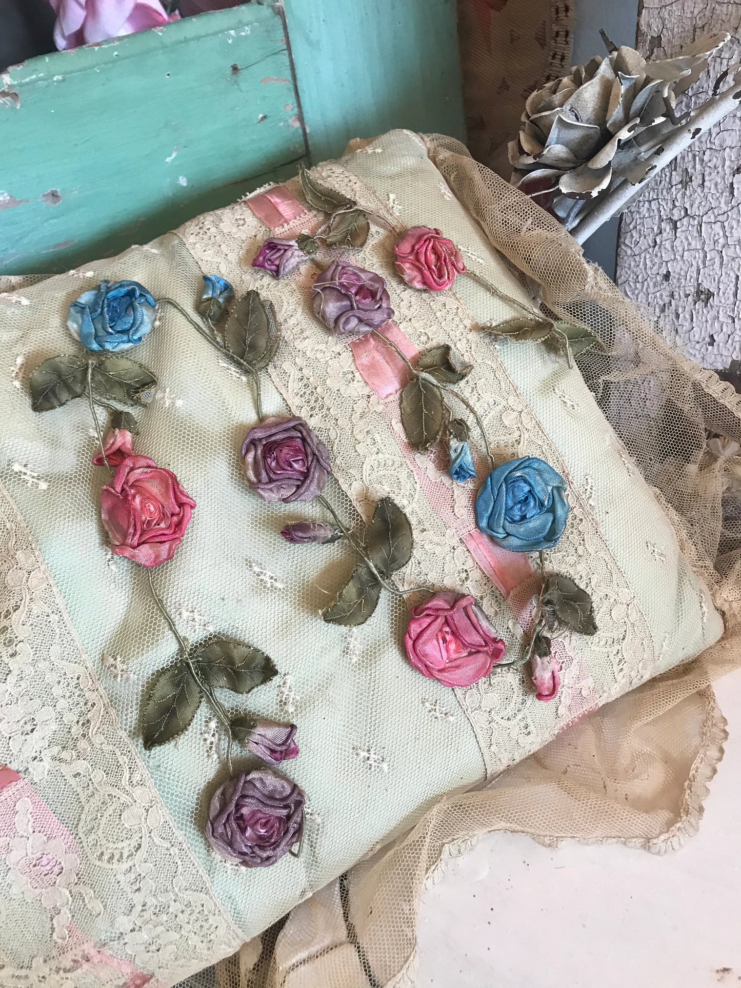 Antique Ribbonwork Garland Pink Blue Purple Silk Rosettes