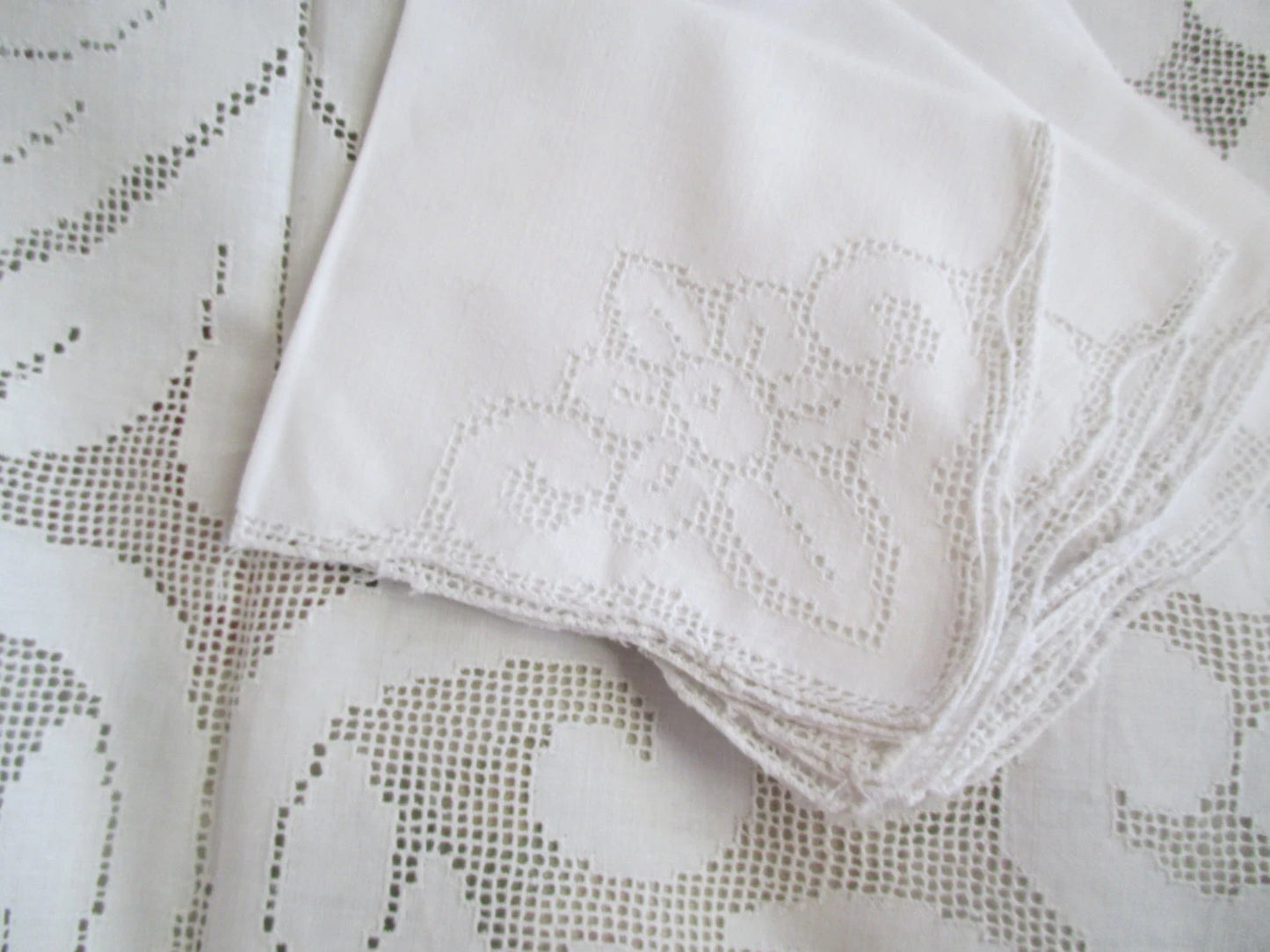 Antique Tablecloth Napkin Set White Linen Lace
