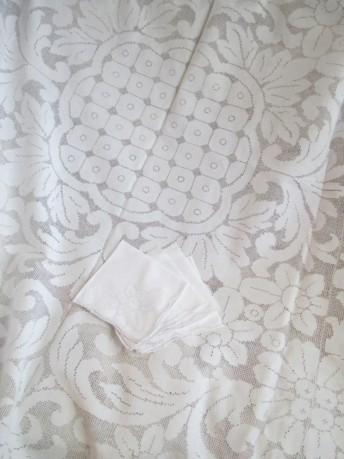Antique Tablecloth Napkin Set White Linen Lace