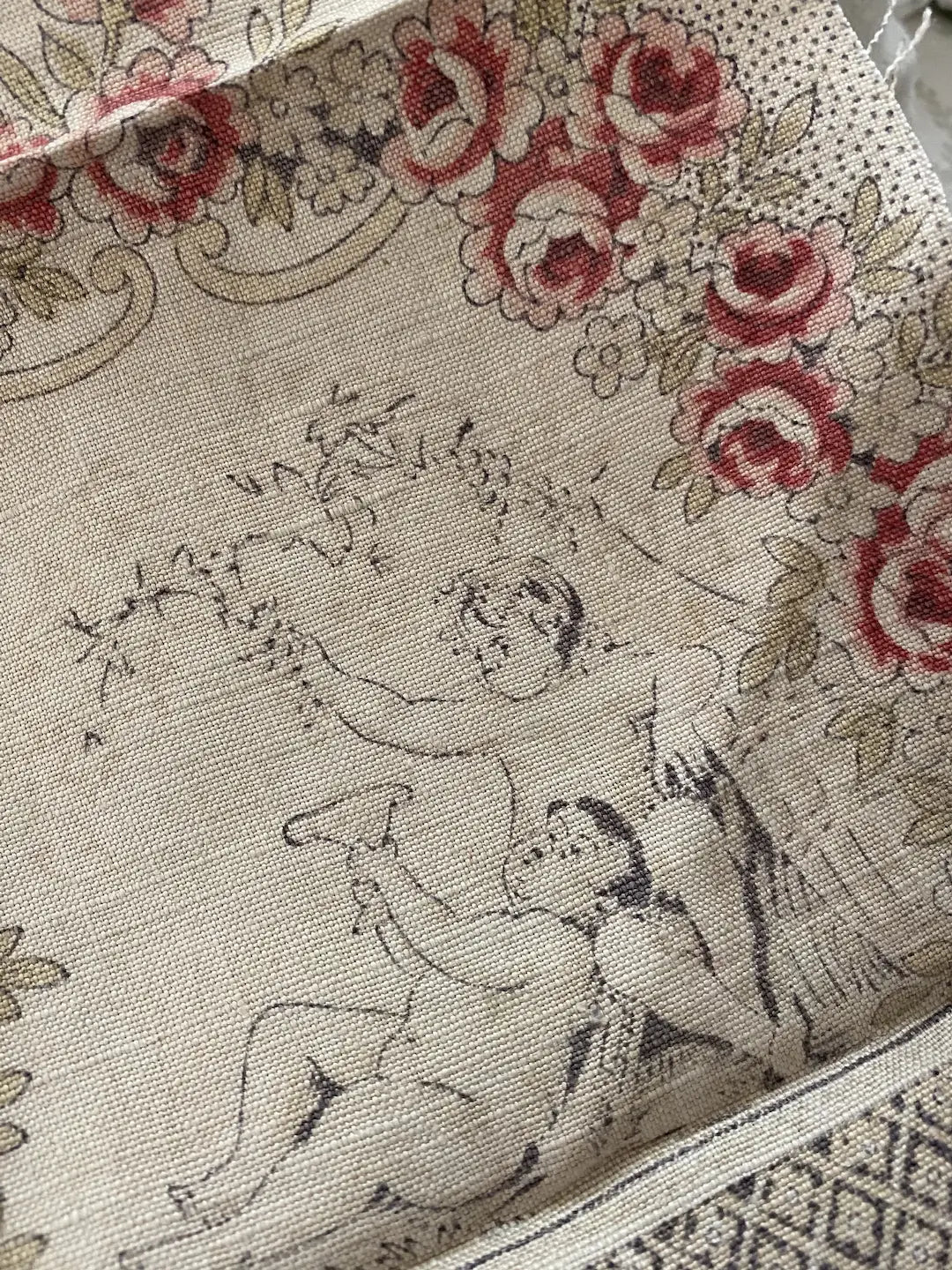 Antique 19th Century French Fabric Cherub Angel Linen Rose