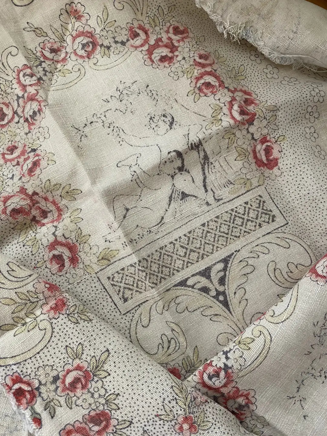 Antique 19th Century French Fabric Cherub Angel Linen Rose