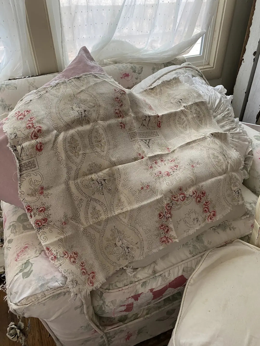 Antique 19th Century French Fabric Cherub Angel Linen Rose