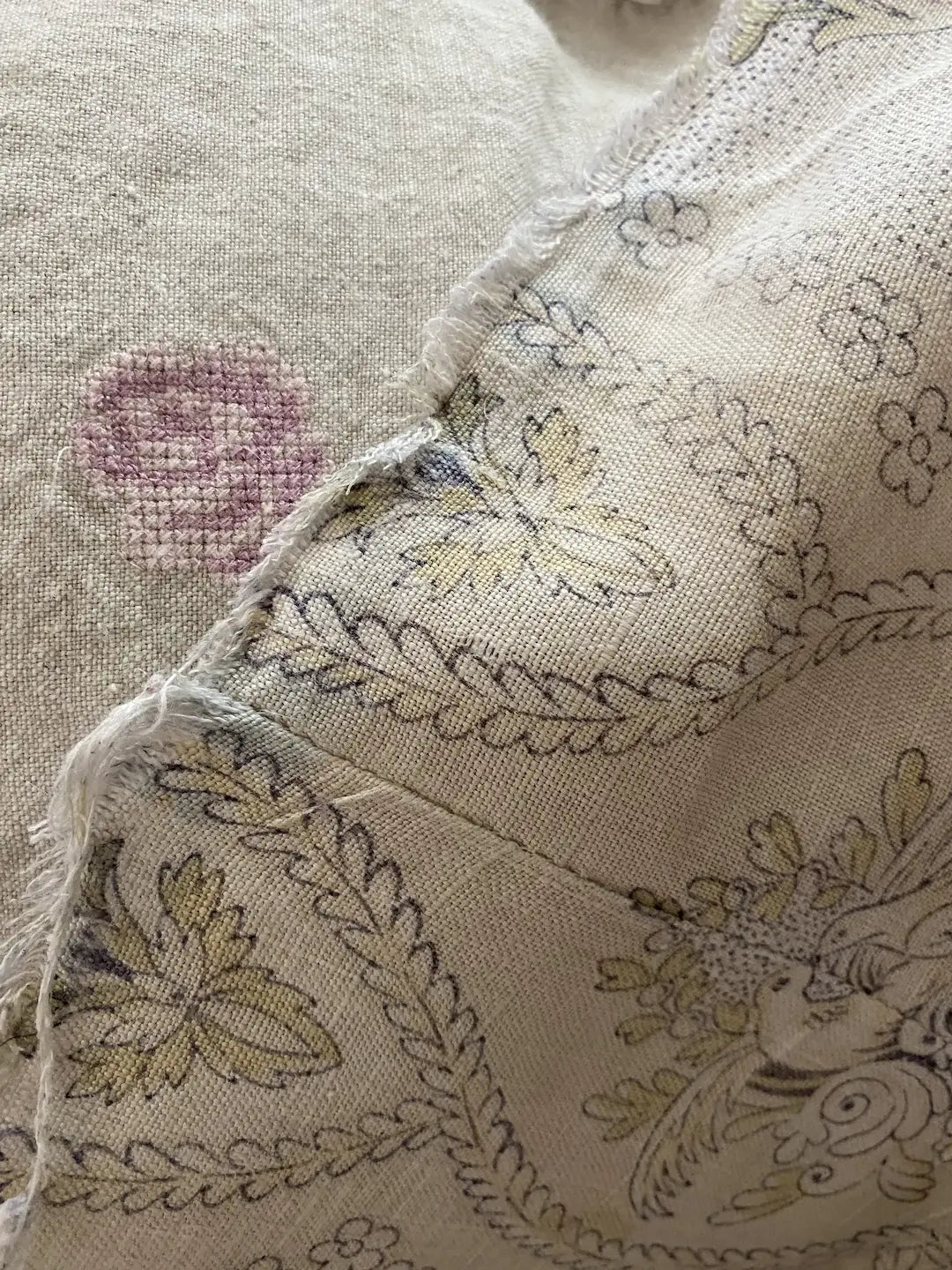 Antique 19th Century French Fabric Cherub Angel Linen Rose