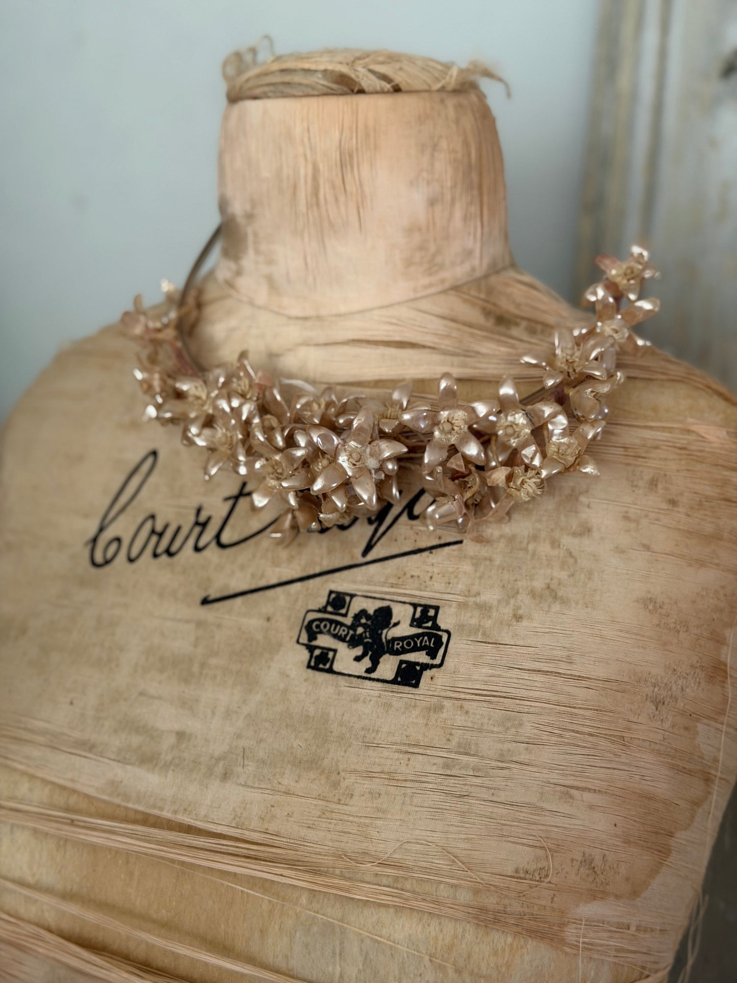 Antique French Pearlized Pink Champagne orange Blossom Flowers Crown