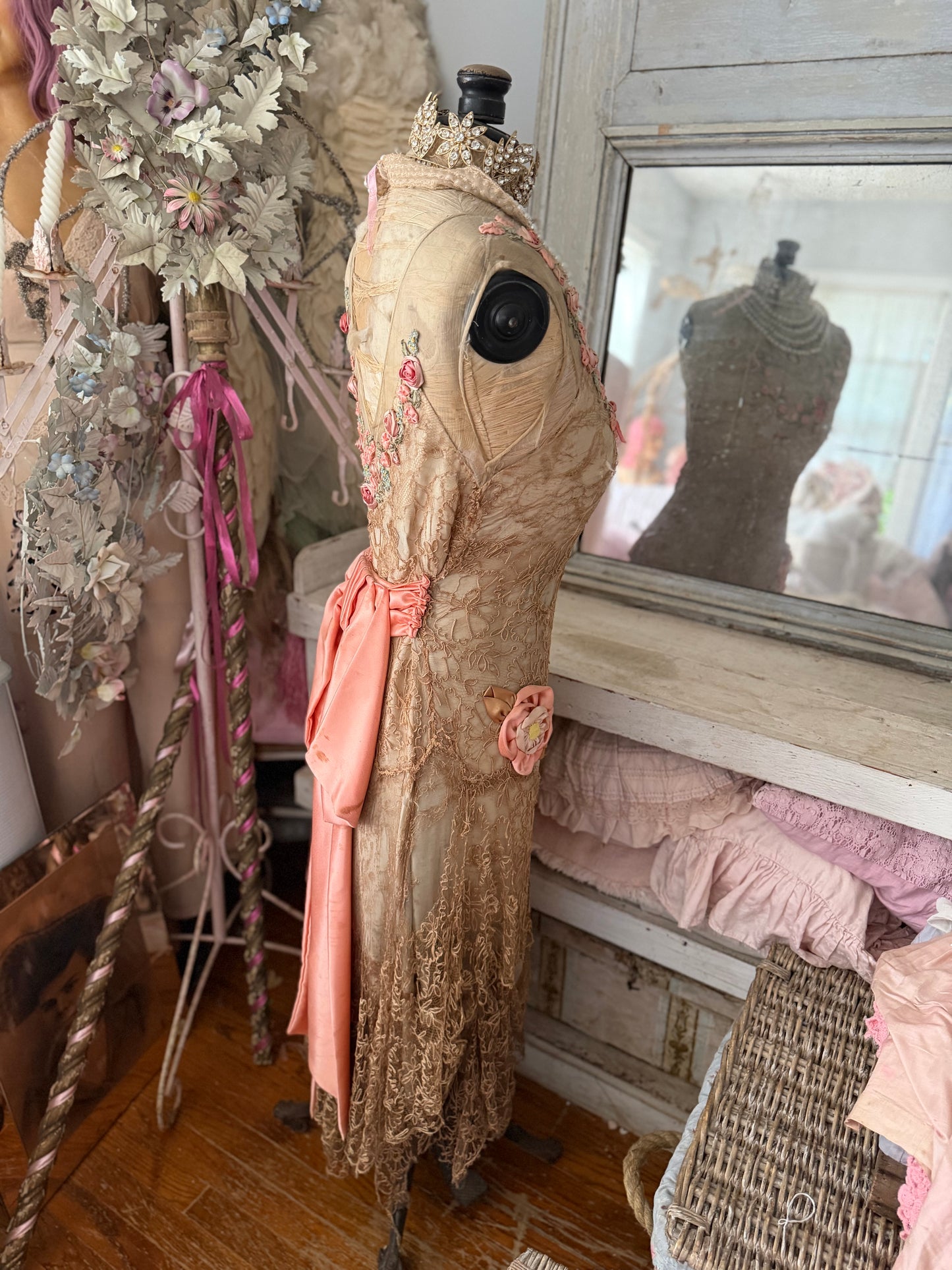 Antique Silk Corset Mannequin With Ribbonwork Lace Dress