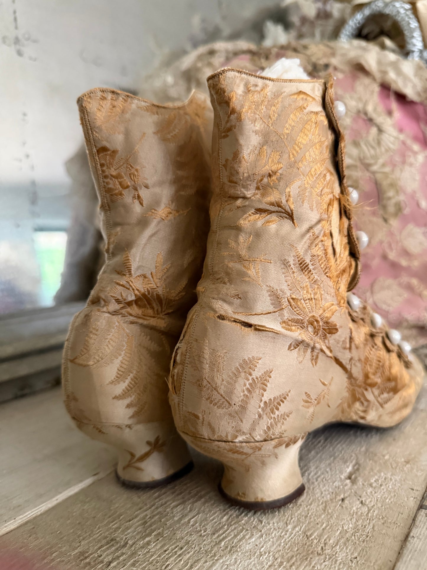 Antique Victorian Gold Silk Boots Shoes