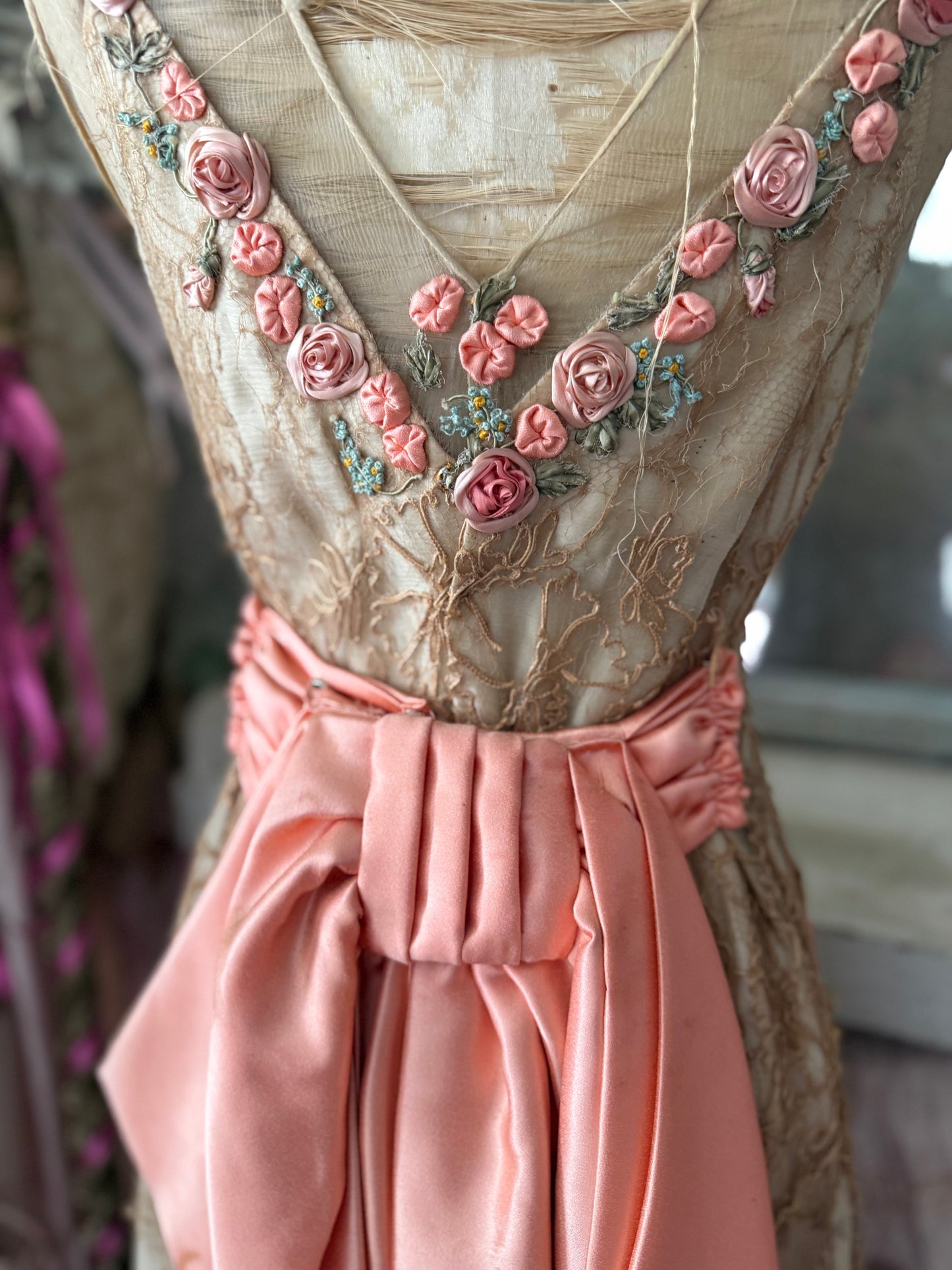 Antique Silk Corset Mannequin With Ribbonwork Lace Dress