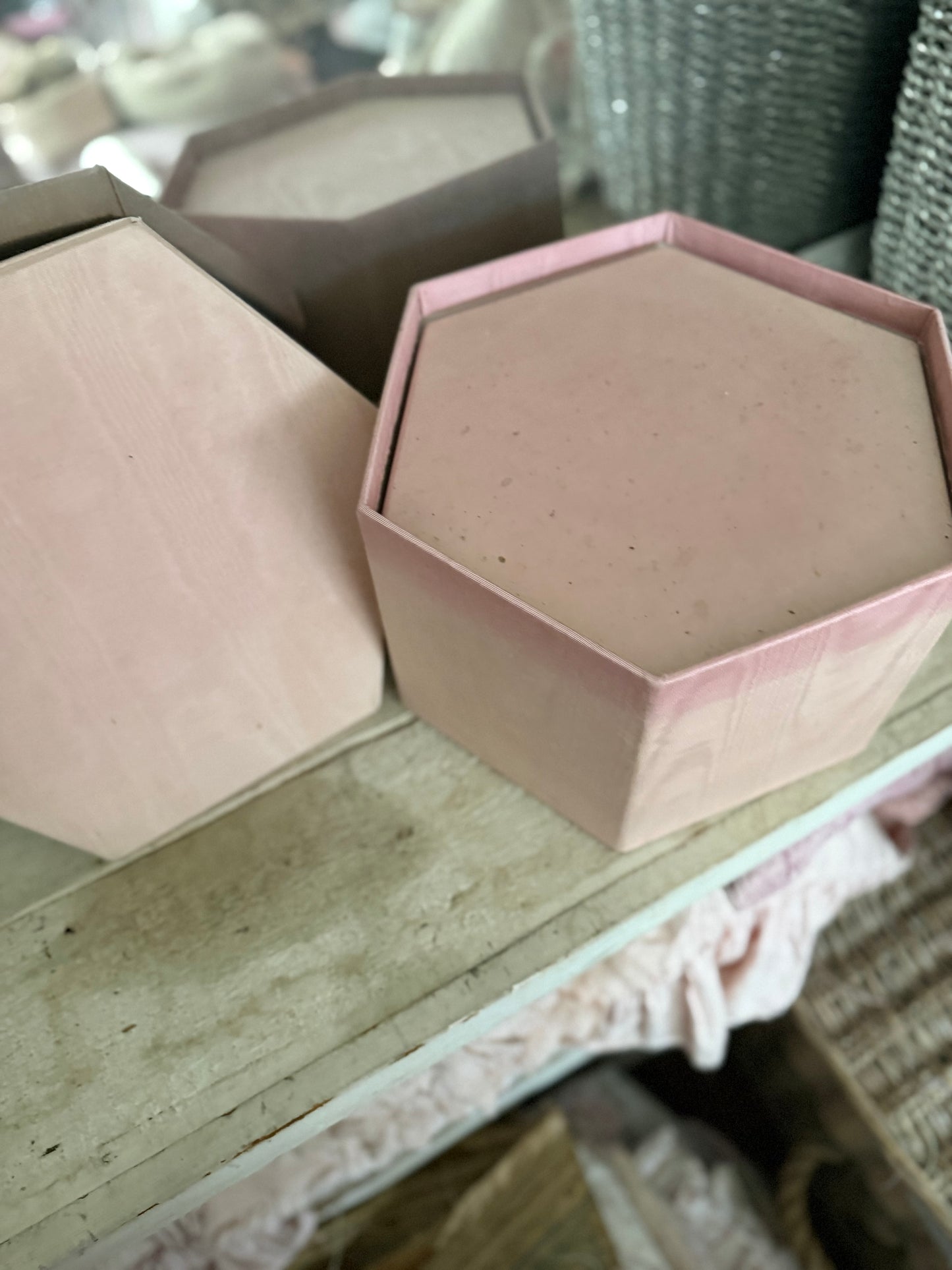 Collection 9 Vintage Pink Moire Fabric Nesting Boxes