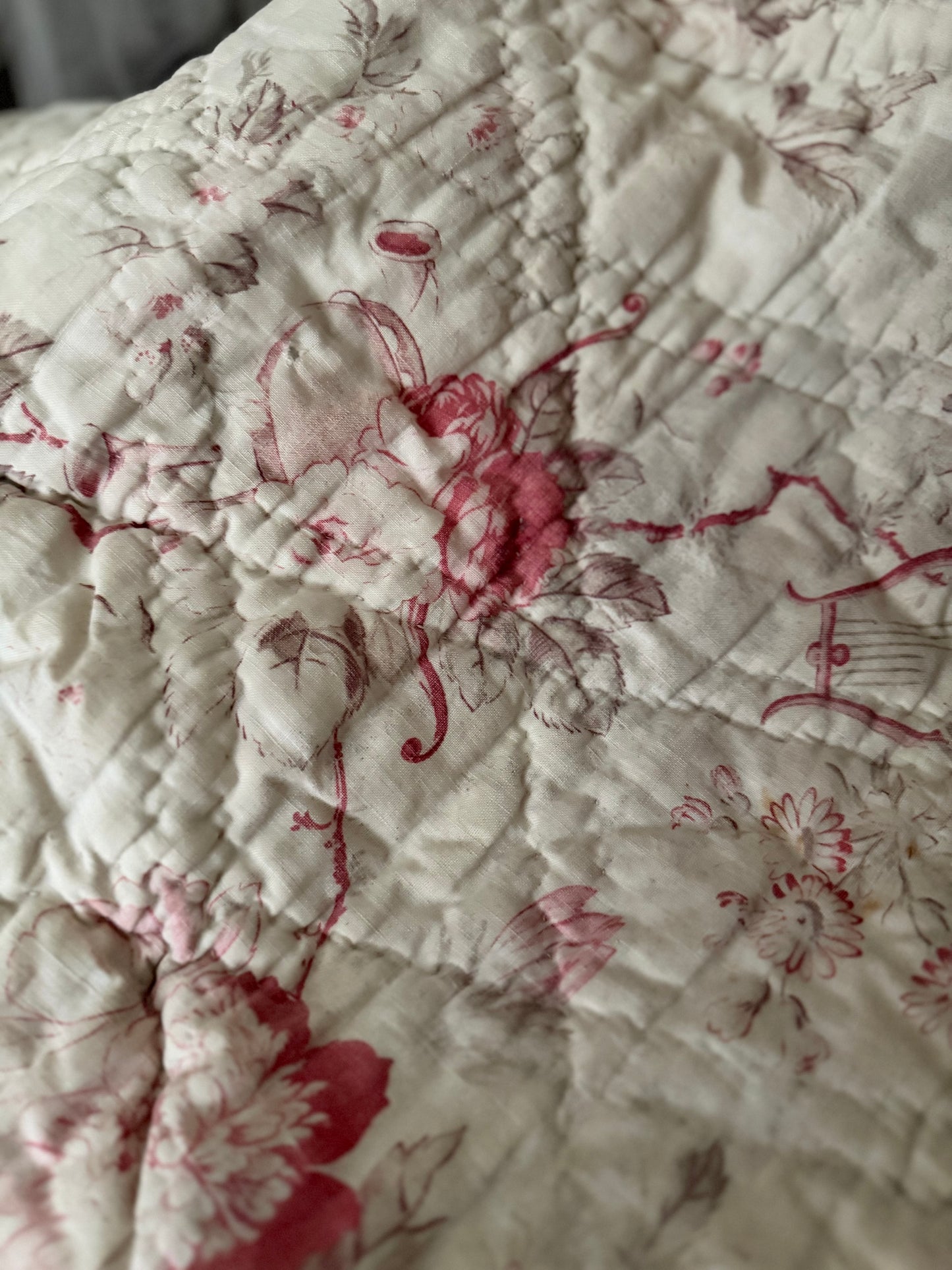 Antique French Boutis Quilt Soft Pink Roses Florals