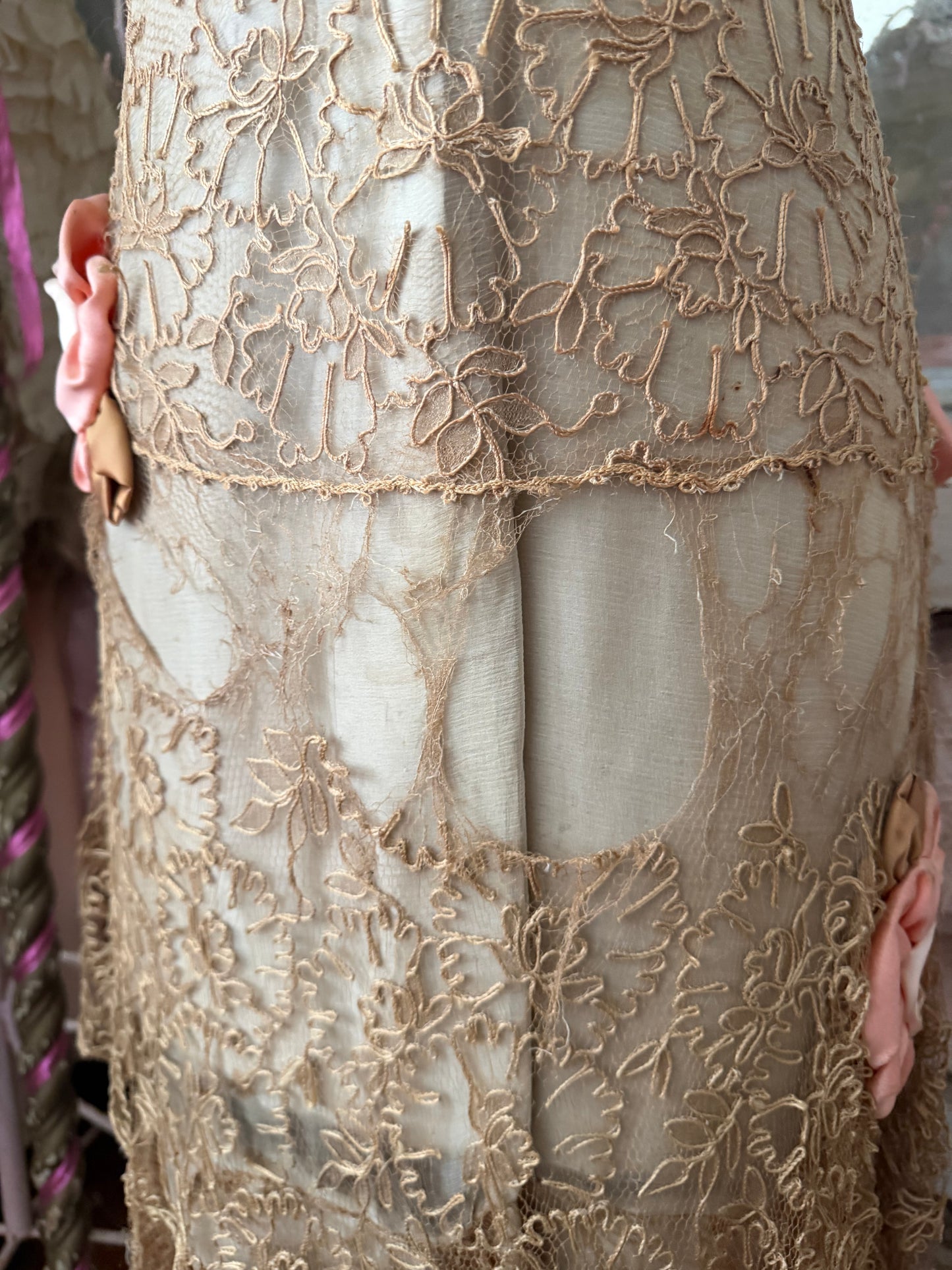 Antique Silk Corset Mannequin With Ribbonwork Lace Dress
