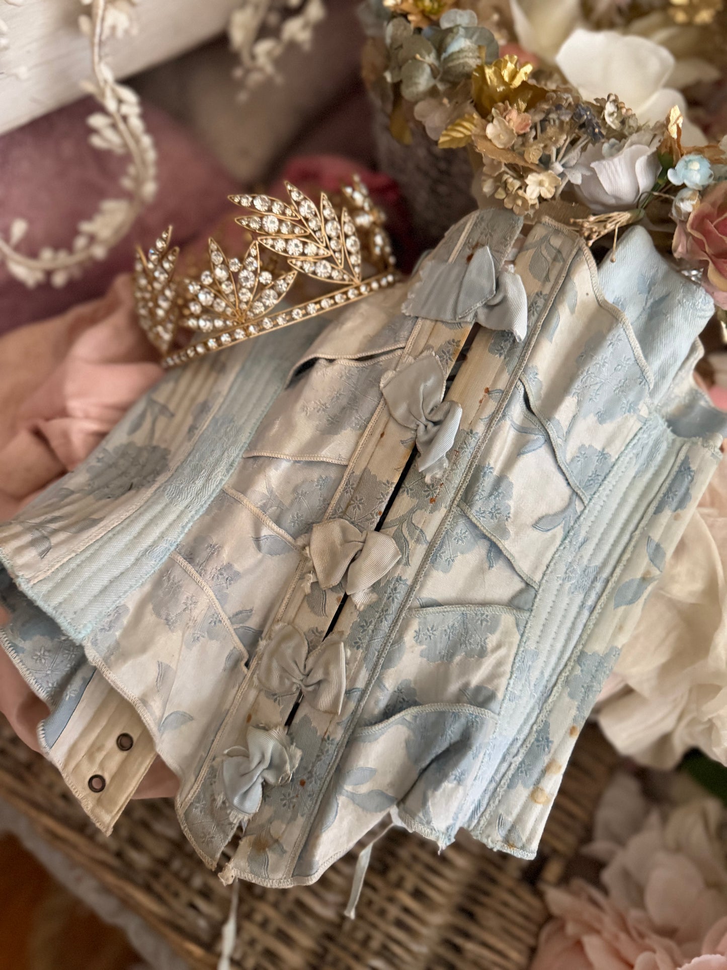 PREVIEW (On Loan) Antique Victorian Blue Ribbon Bow Corset