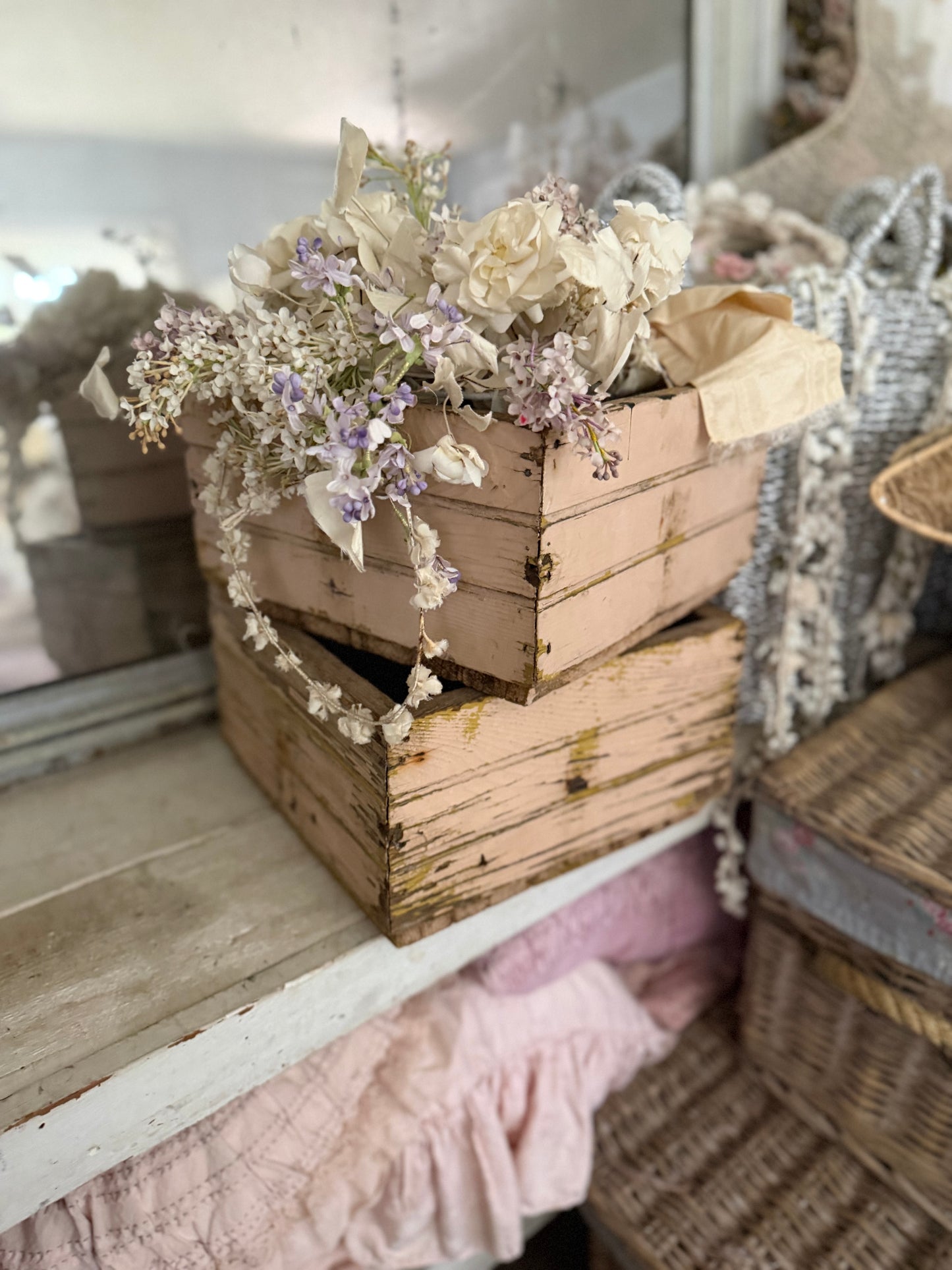 Pair Antique Pink Chippy Wood Crates