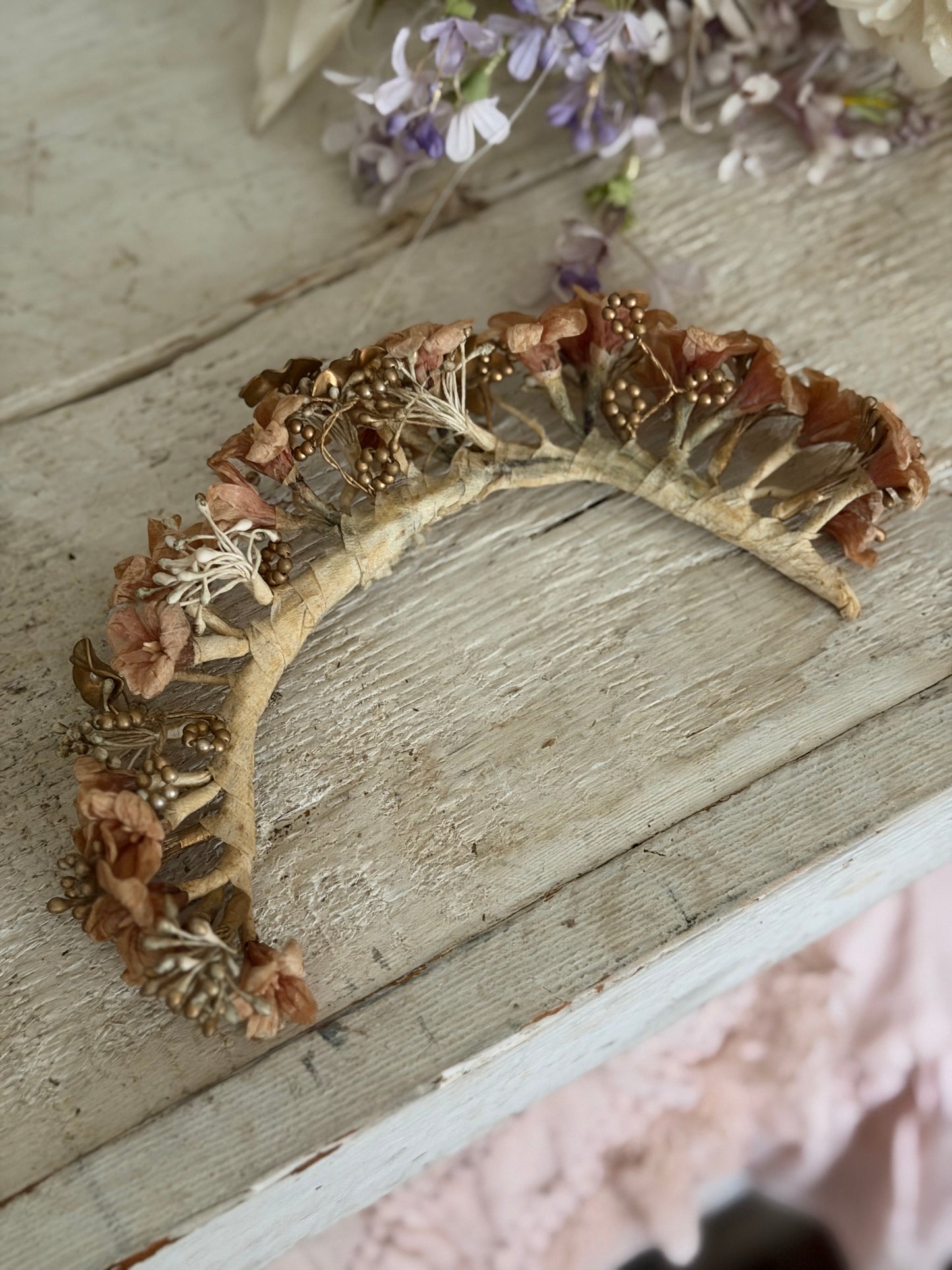 Antique French Coral Petite Orange Blossom Flower Crown