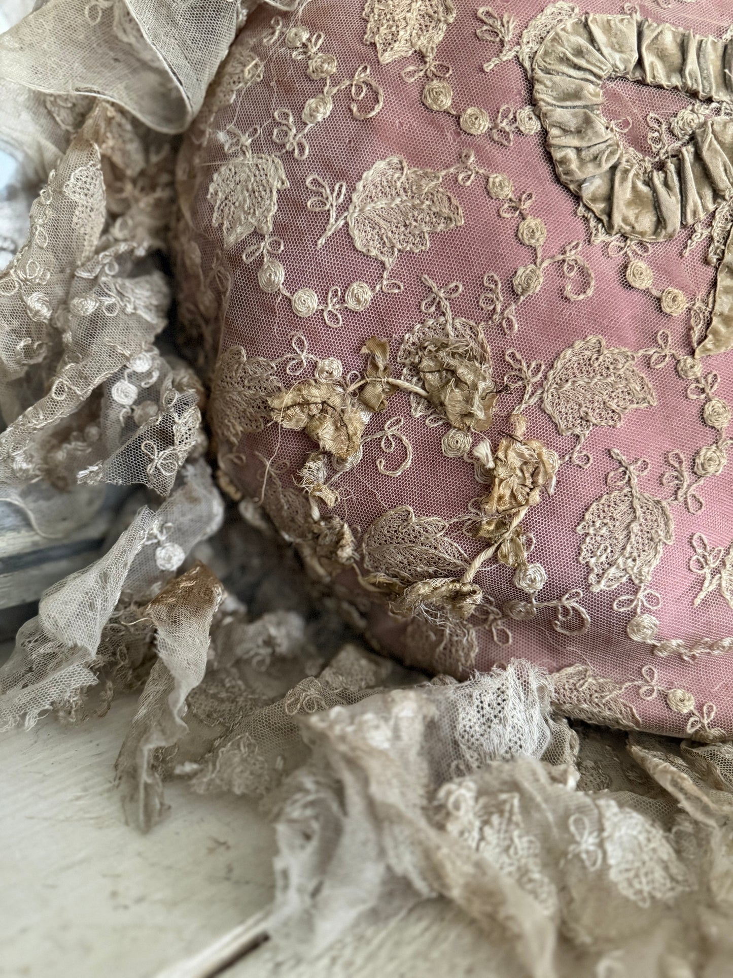 Antique Lace Ribbonwork Pillow With Bow