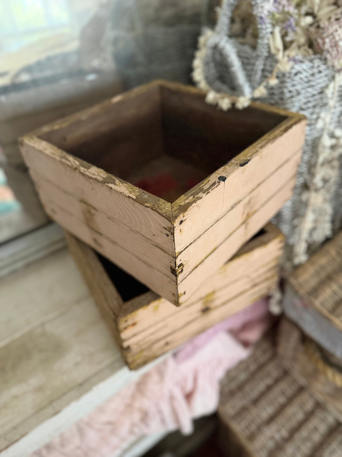 Pair Antique Pink Chippy Wood Crates
