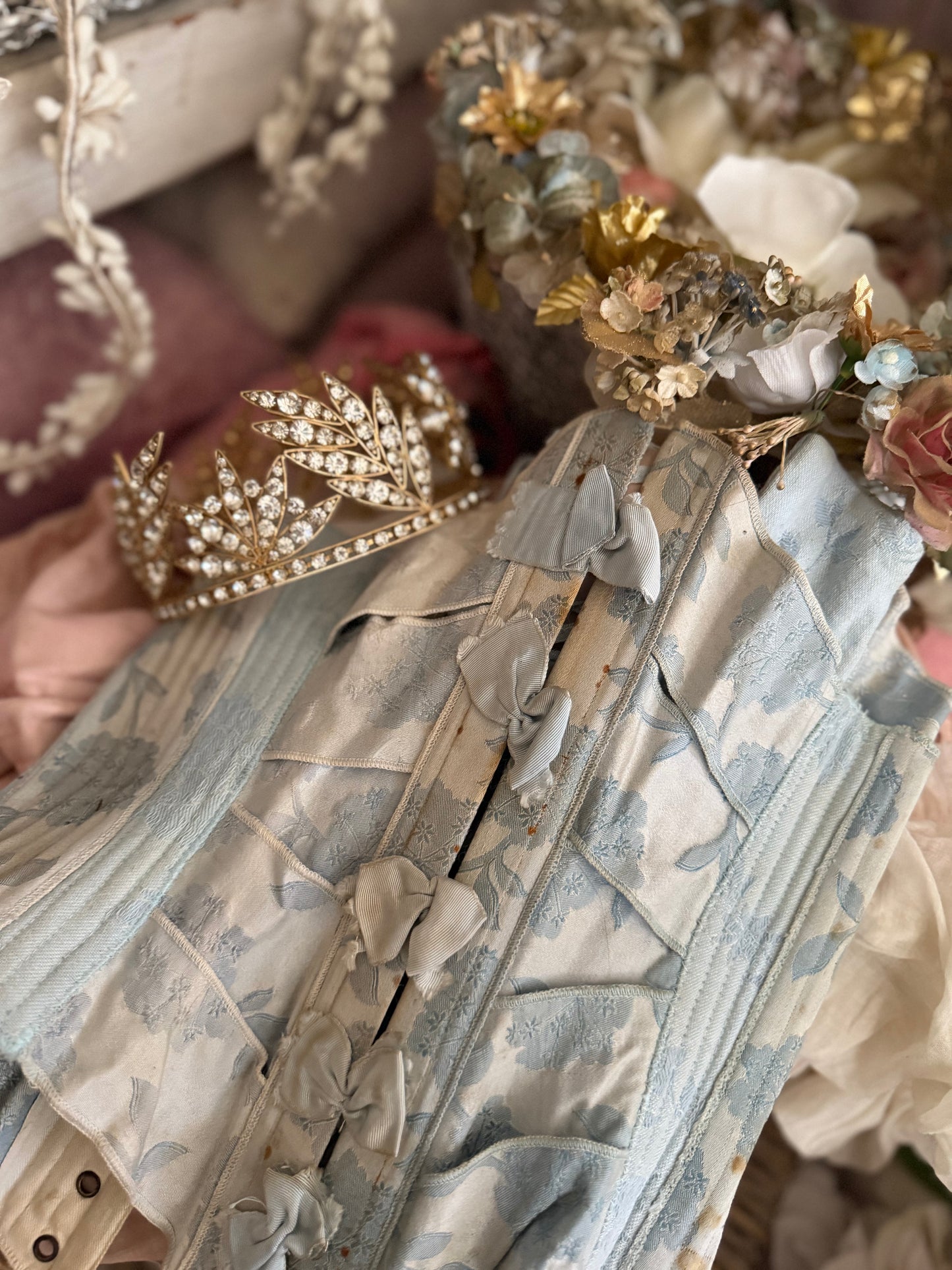 PREVIEW (On Loan) Antique Victorian Blue Ribbon Bow Corset