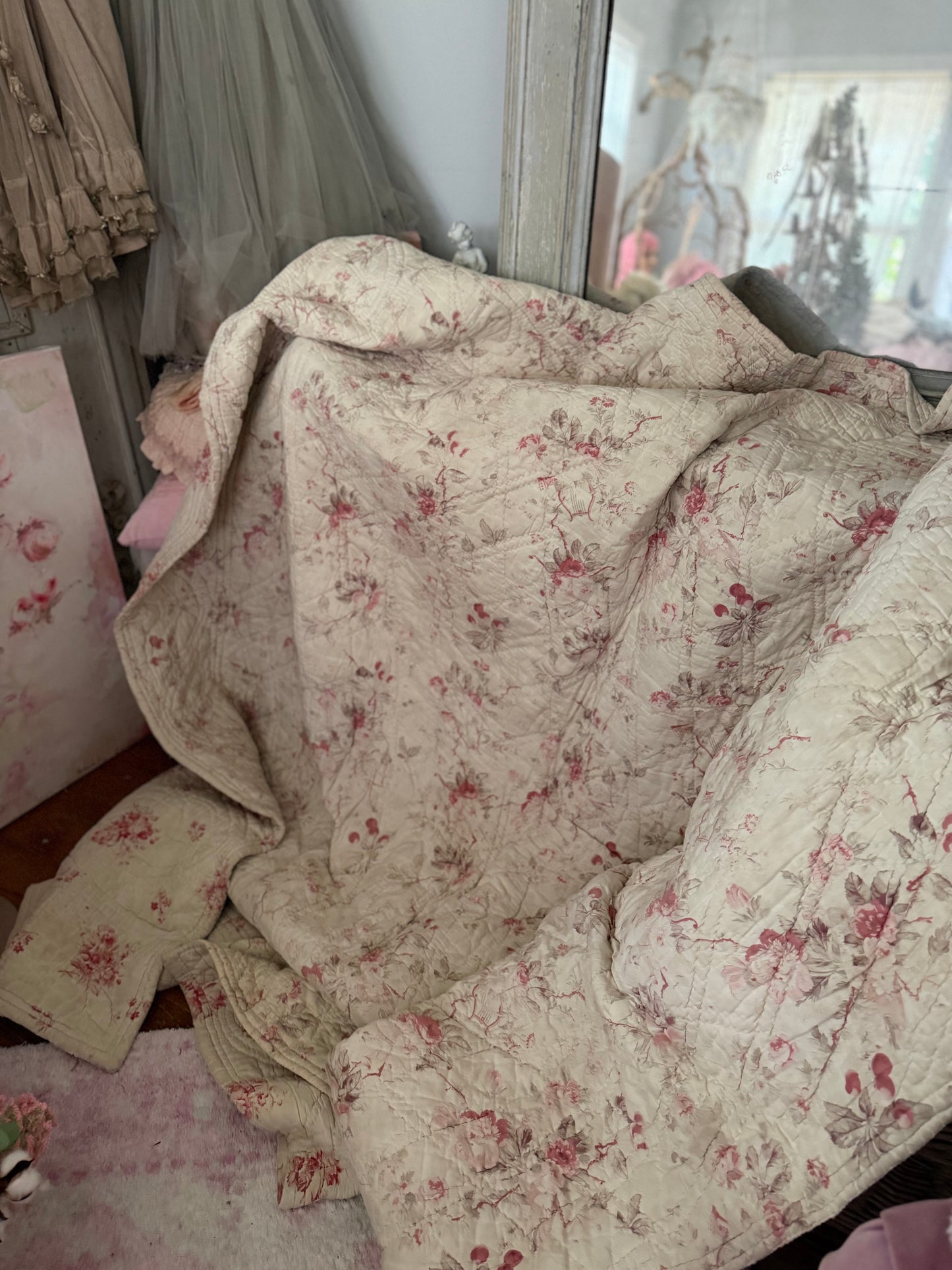 Antique French Boutis Quilt Soft Pink Roses Florals