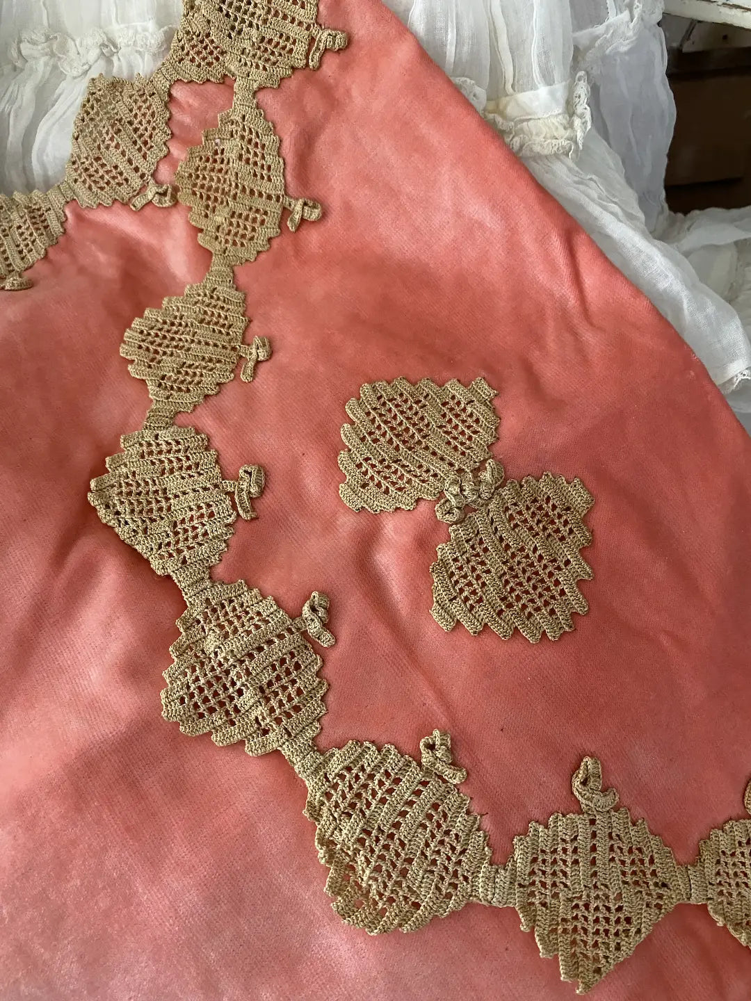 Antique Coral Velvet Lingerie Holder Lace Butterly