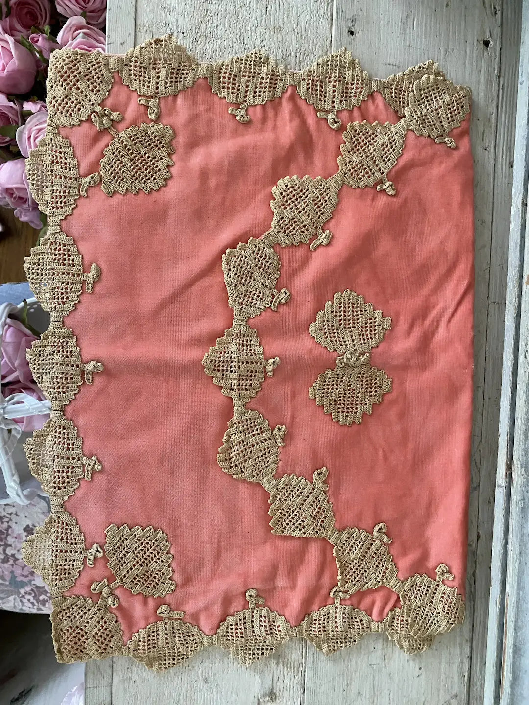 Antique Coral Velvet Lingerie Holder Lace Butterly