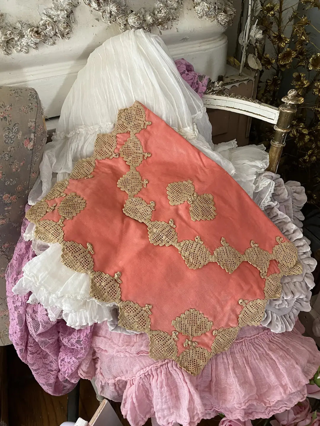 Antique Coral Velvet Lingerie Holder Lace Butterly