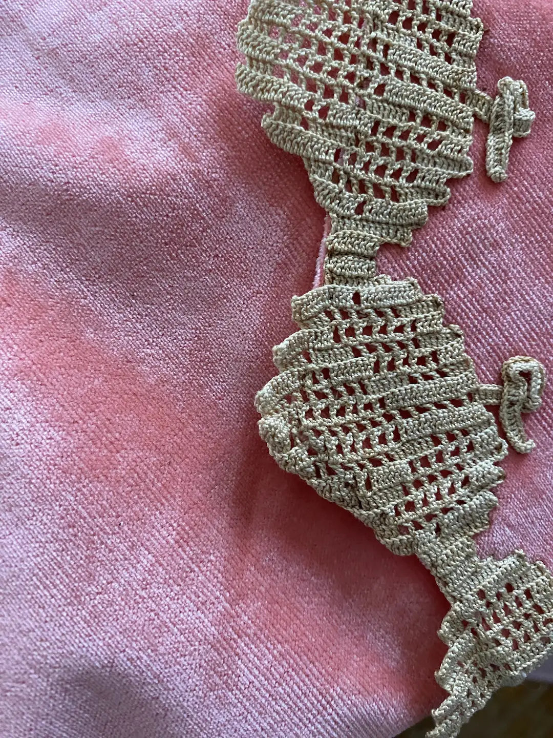 Antique Coral Velvet Lingerie Holder Lace Butterly