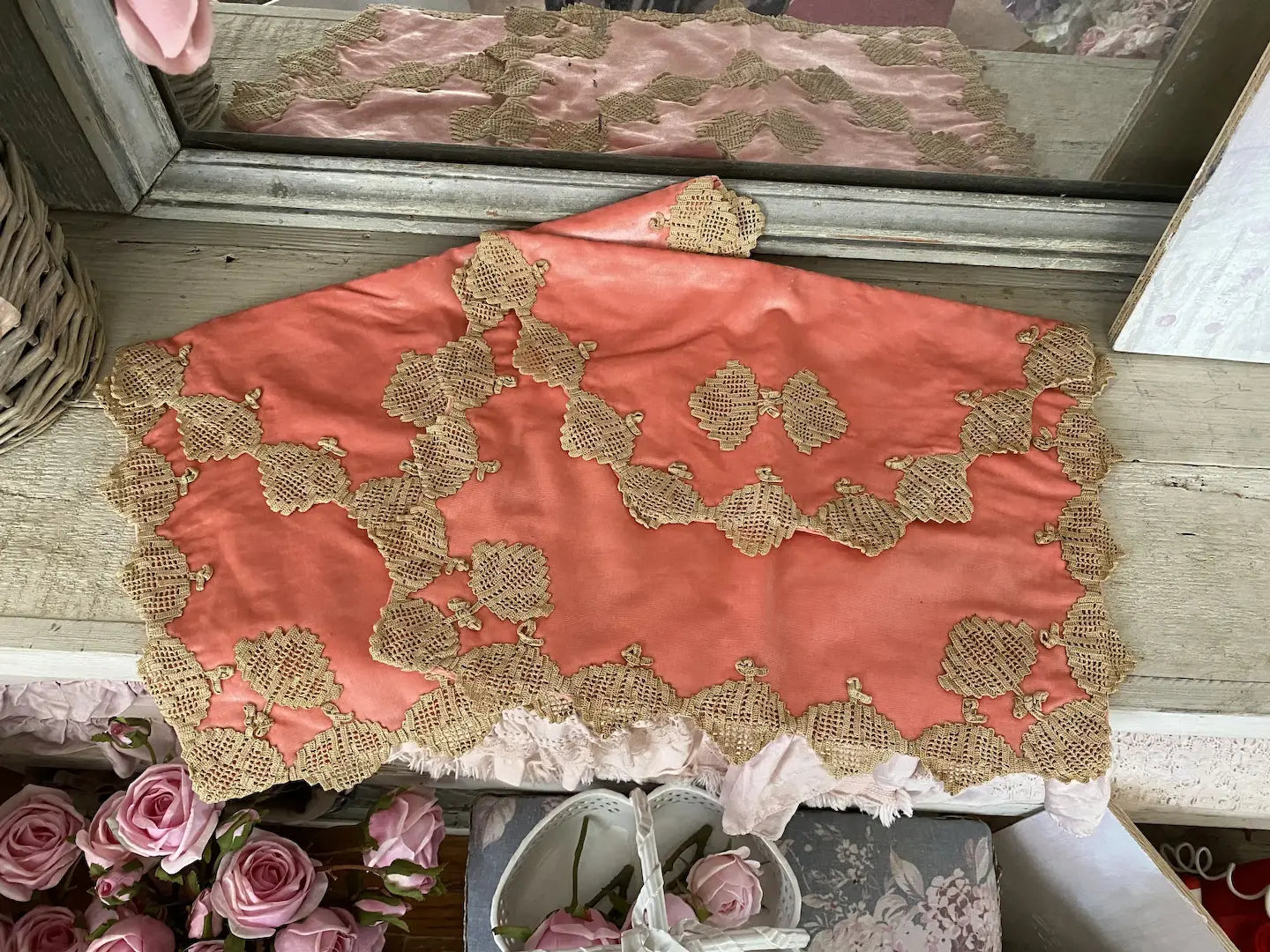 Antique Coral Velvet Lingerie Holder Lace Butterly