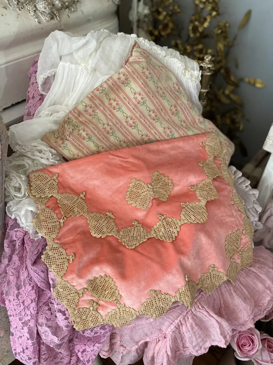 Antique Coral Velvet Lingerie Holder Lace Butterly
