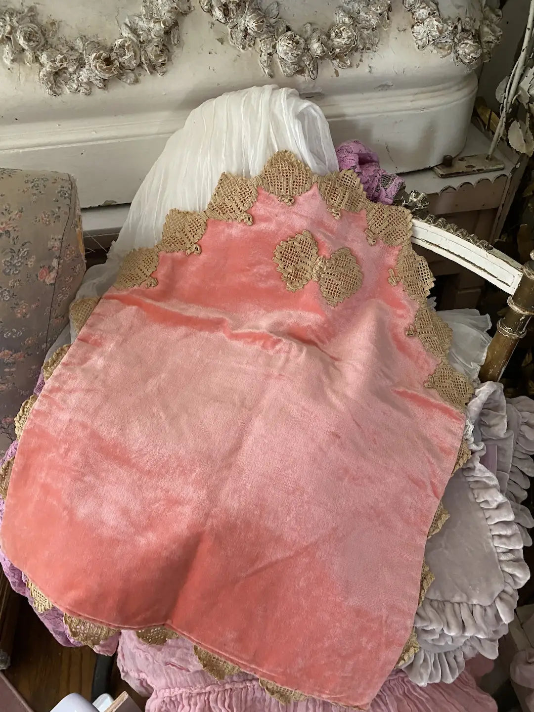 Antique Coral Velvet Lingerie Holder Lace Butterly