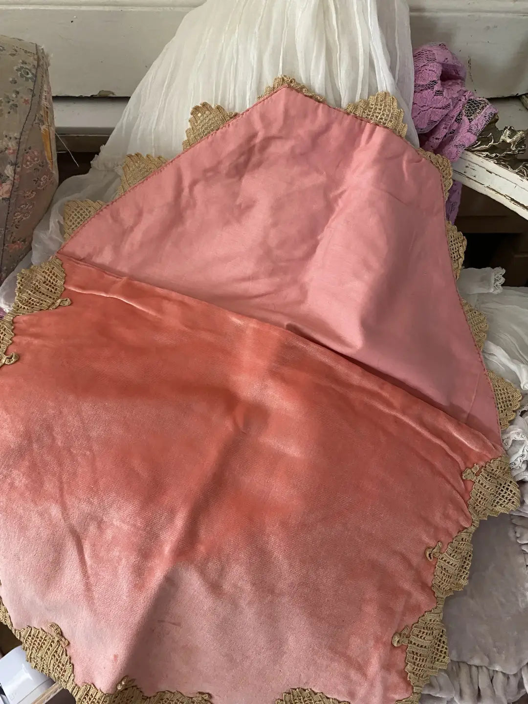 Antique Coral Velvet Lingerie Holder Lace Butterly