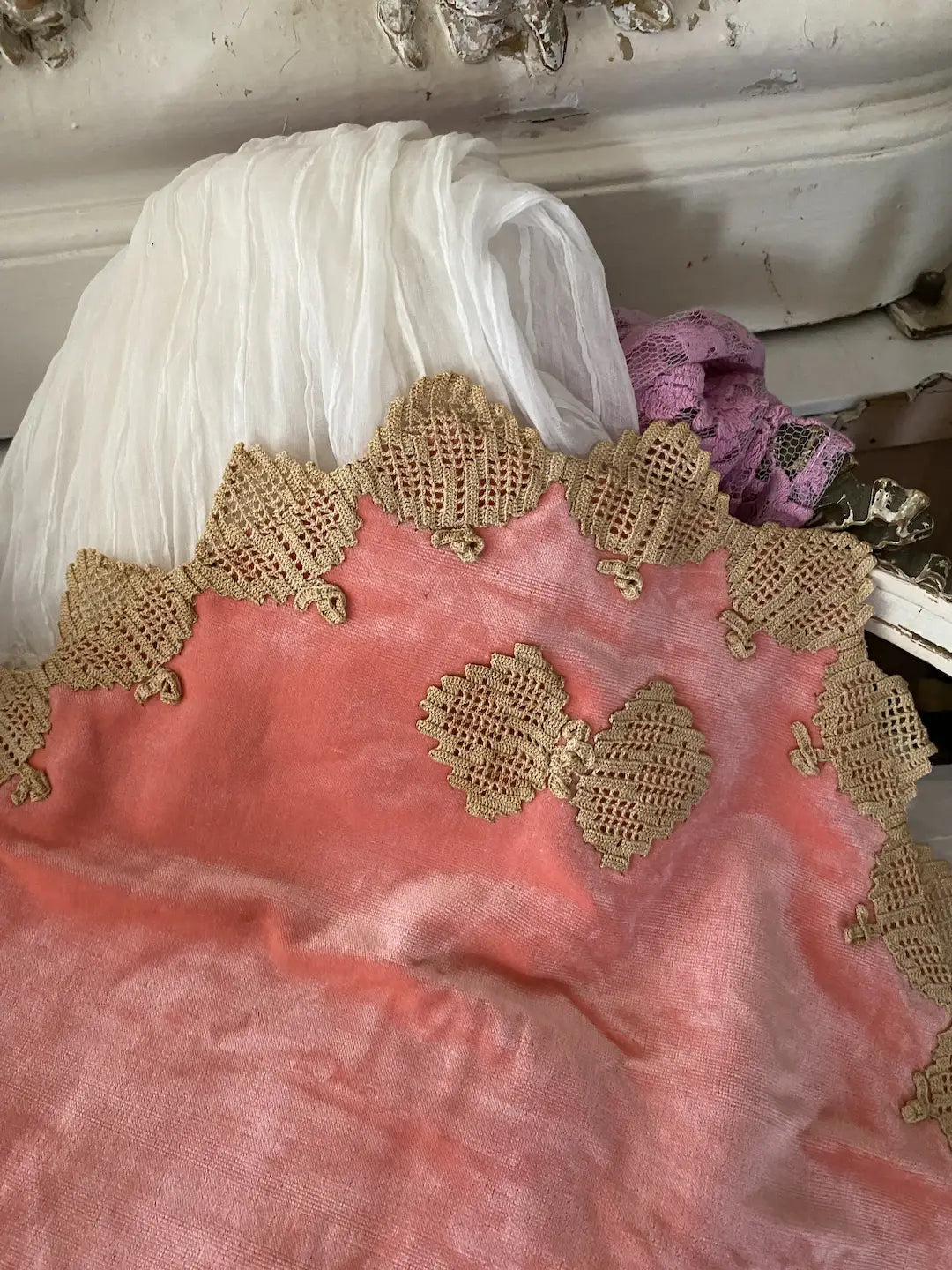 Antique Coral Velvet Lingerie Holder Lace Butterly