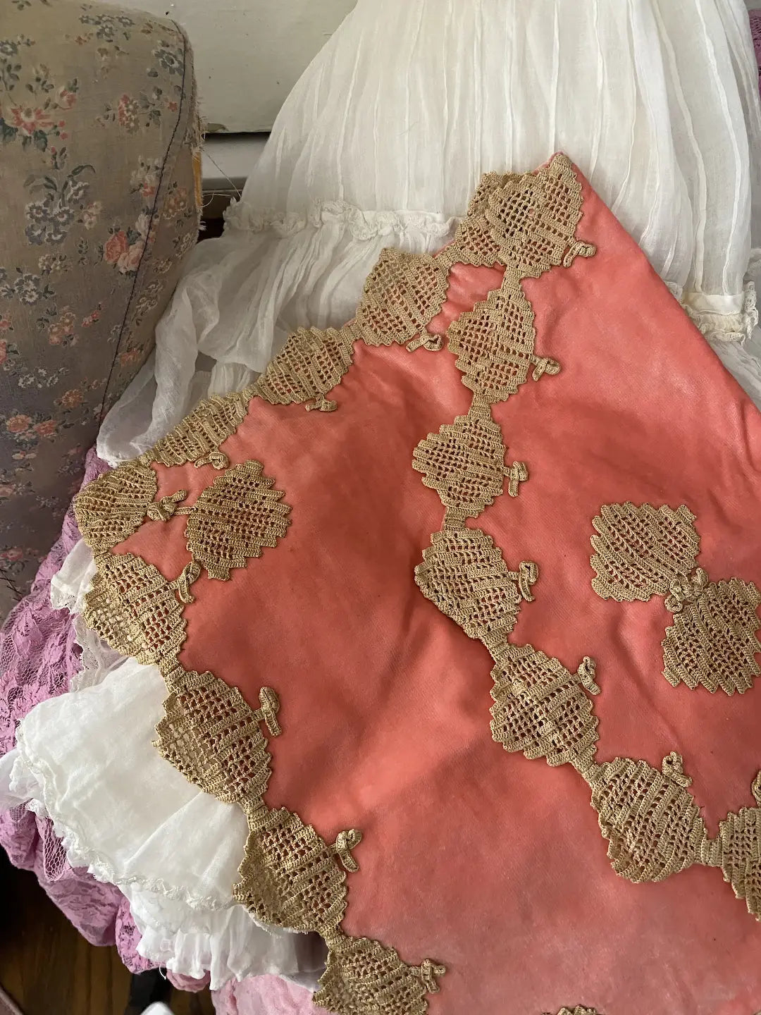 Antique Coral Velvet Lingerie Holder Lace Butterly