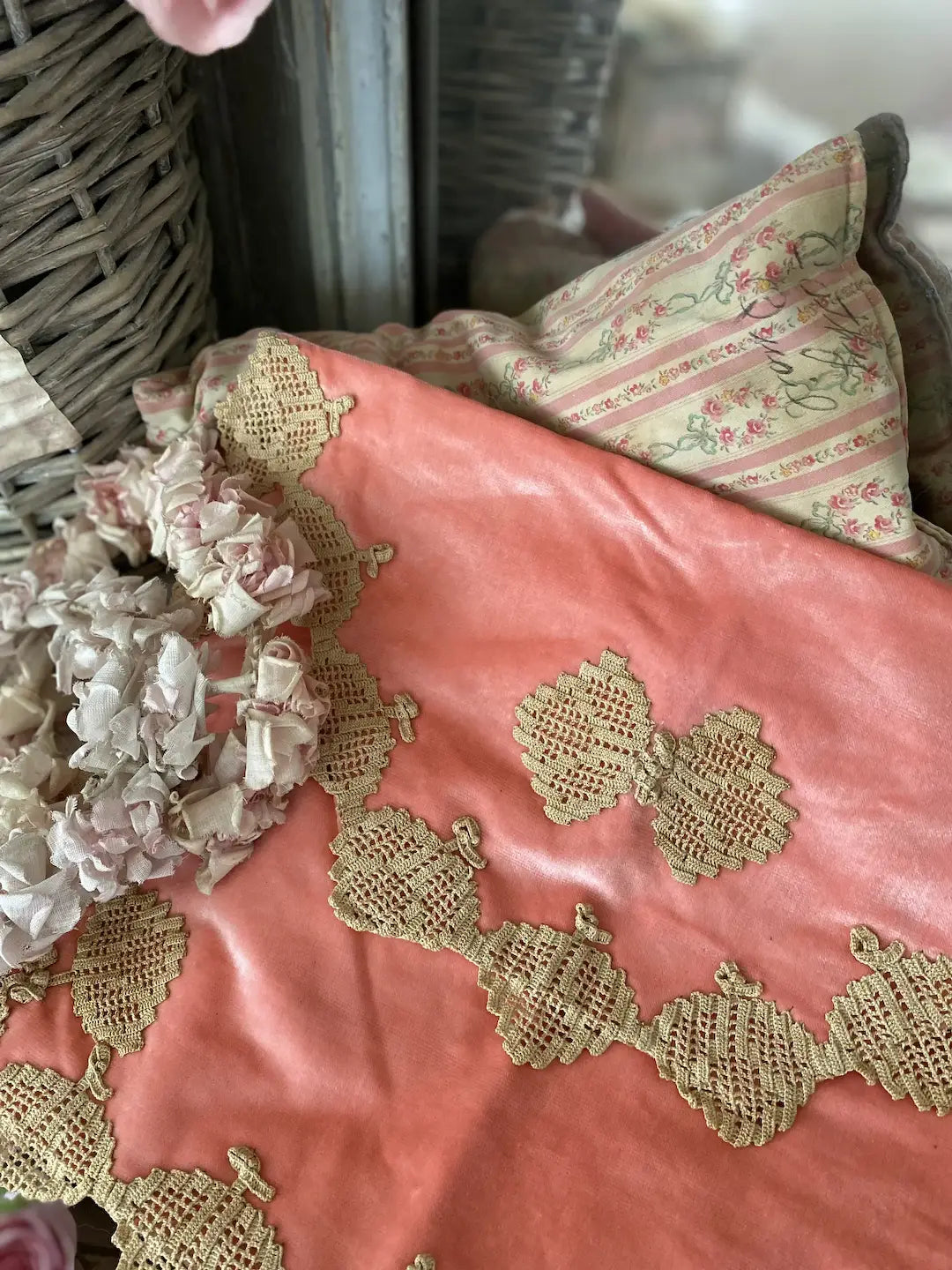 Antique Coral Velvet Lingerie Holder Lace Butterly