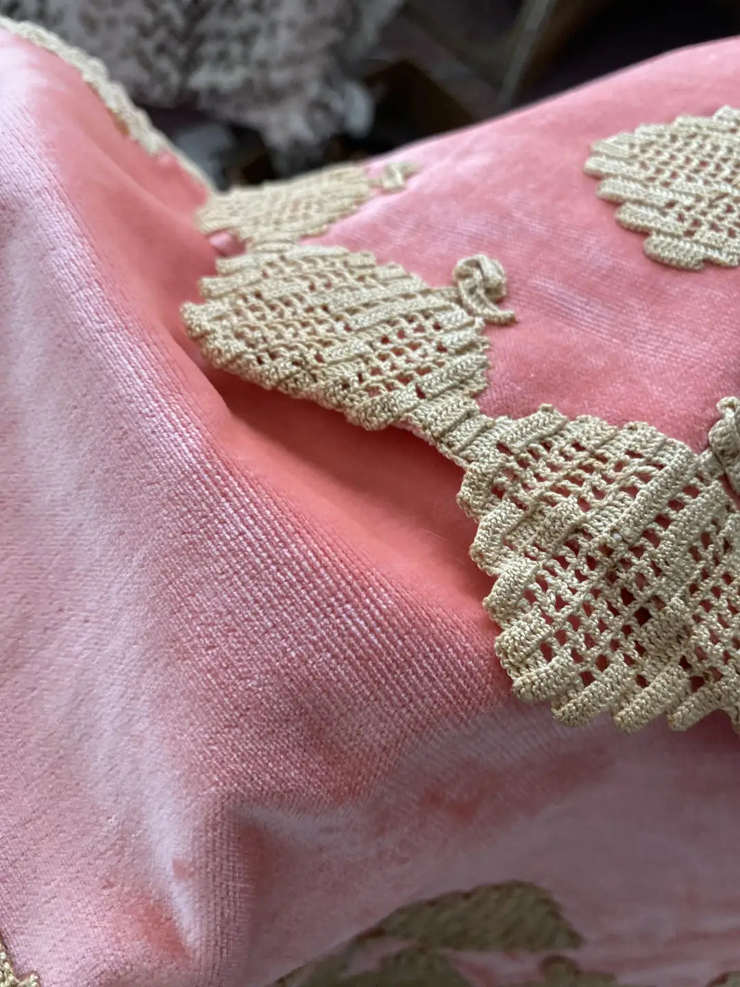 Antique Coral Velvet Lingerie Holder Lace Butterly