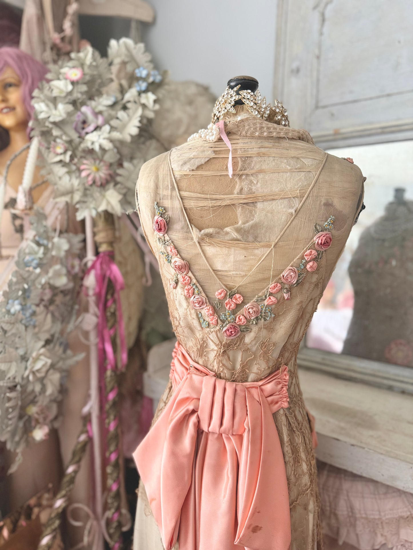 Antique Silk Corset Mannequin With Ribbonwork Lace Dress