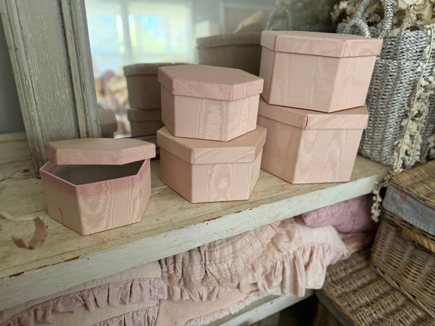 Collection 9 Vintage Pink Moire Fabric Nesting Boxes