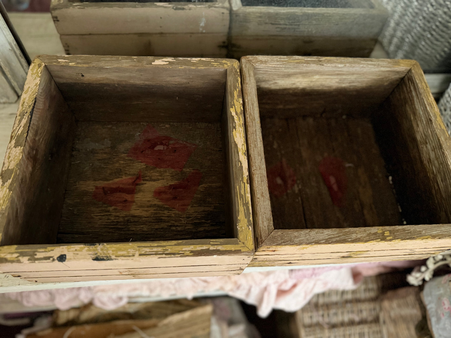 Pair Antique Pink Chippy Wood Crates