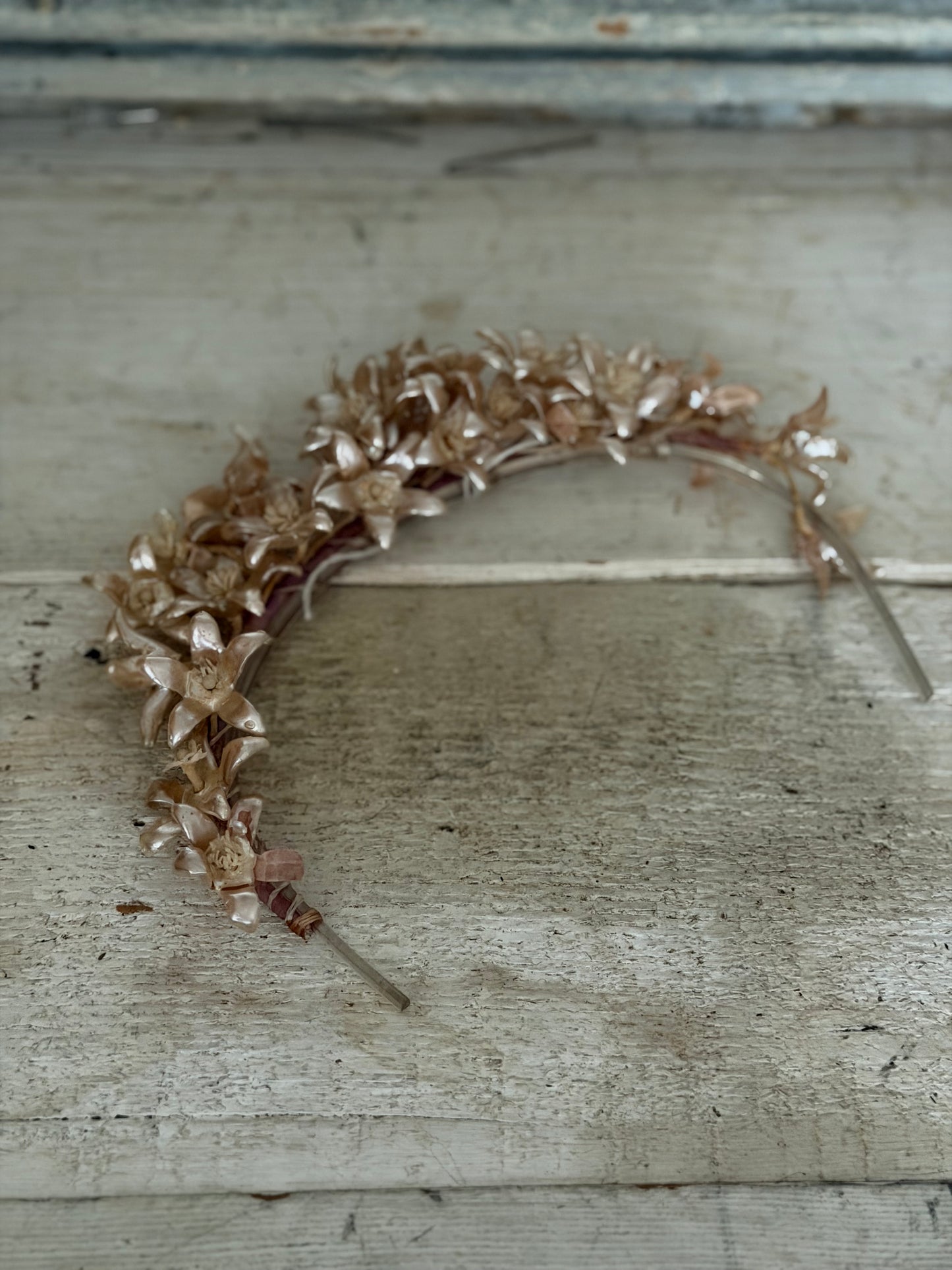 Antique French Pearlized Pink Champagne orange Blossom Flowers Crown
