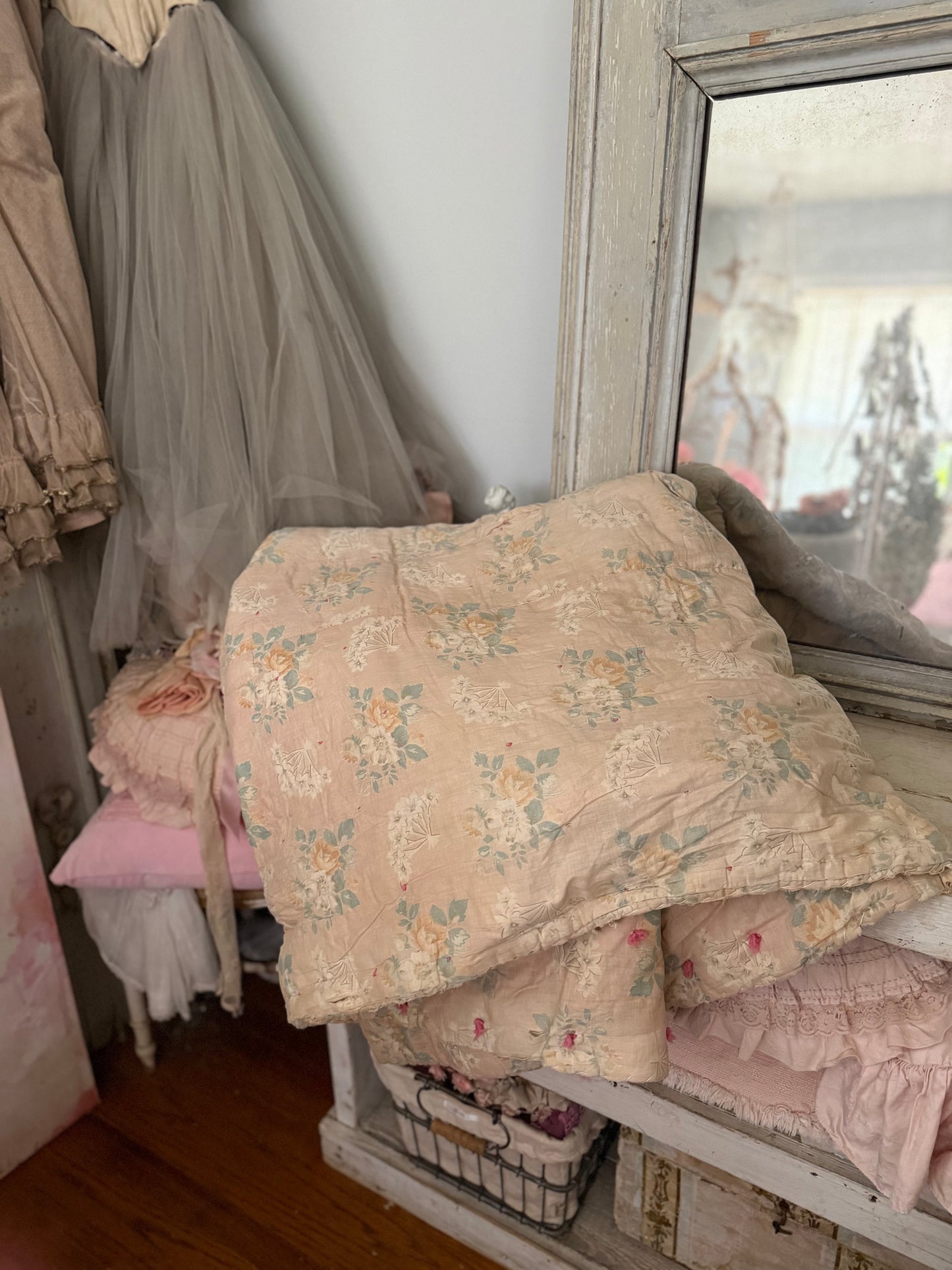 Antique Shabby French Boutis Quilt