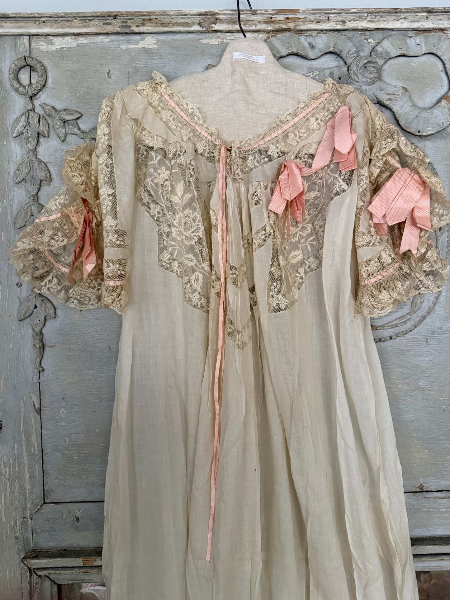 Antique Victorian Floral Lace Nightgown Ribbon Bow