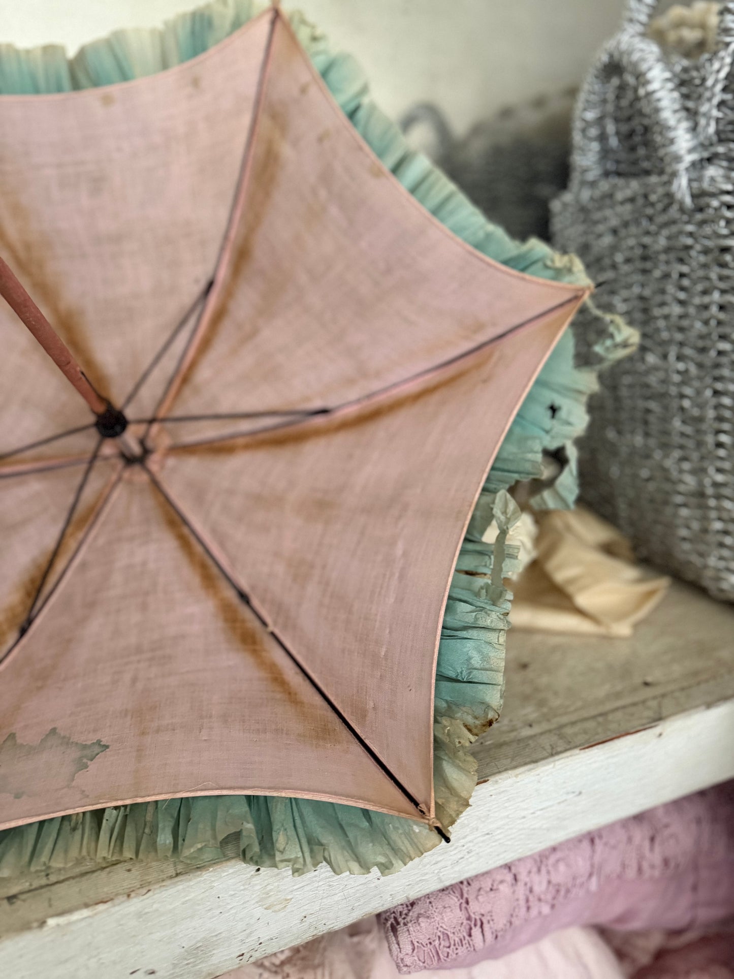Antique Blue Pink Crepe Paper Parasol
