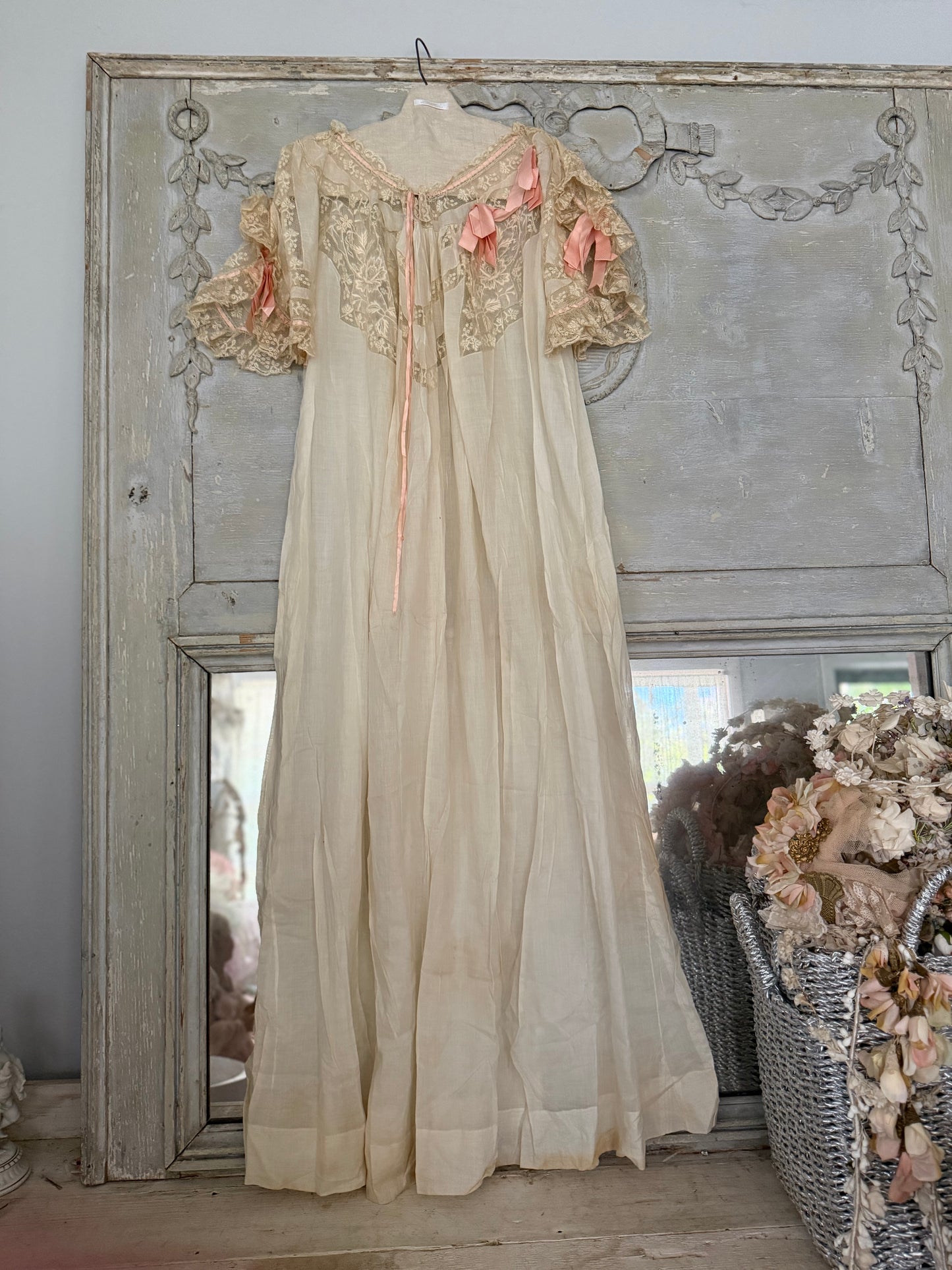 Antique Victorian Floral Lace Nightgown Ribbon Bow