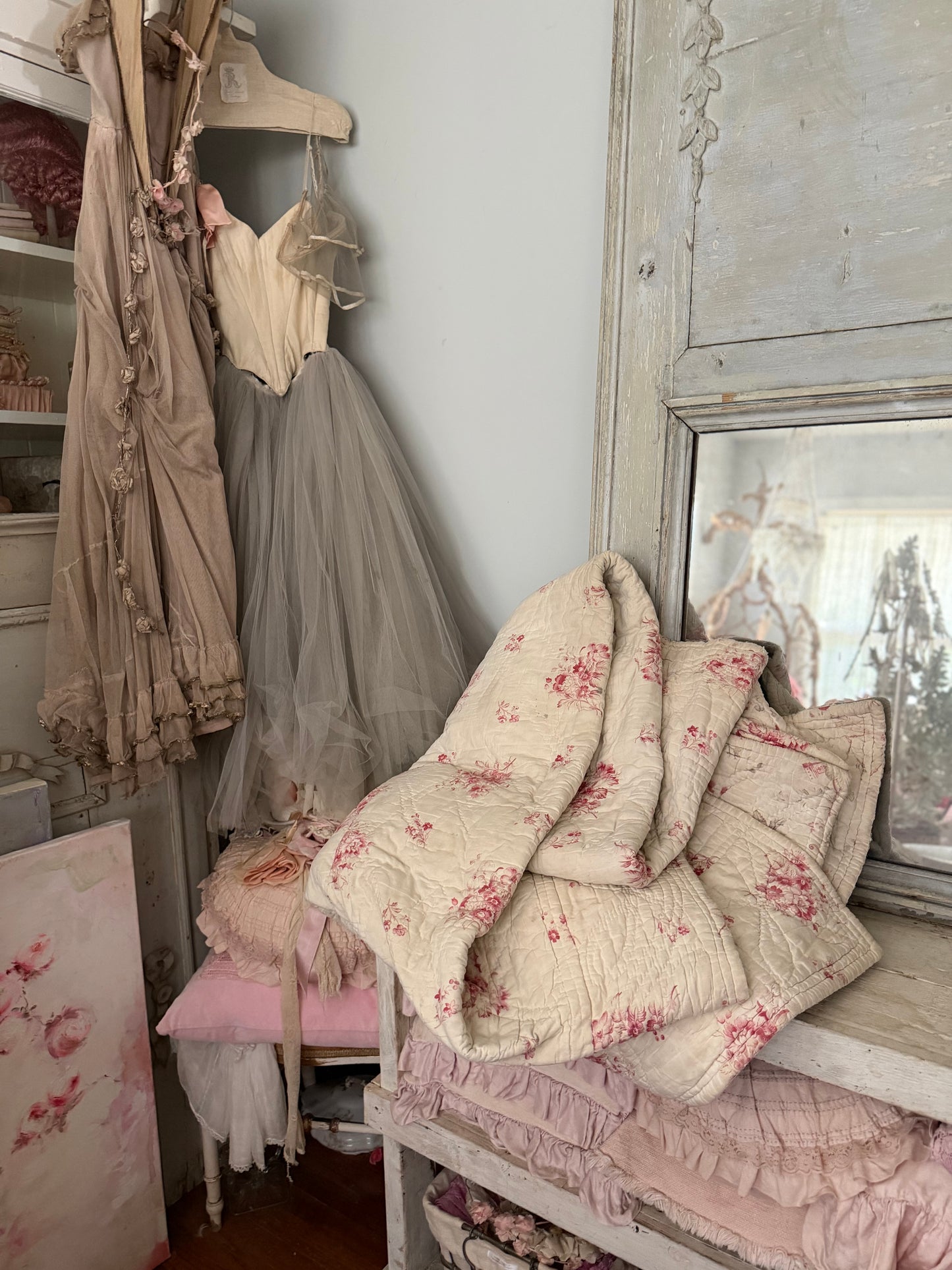 Antique French Boutis Quilt Soft Pink Roses Florals