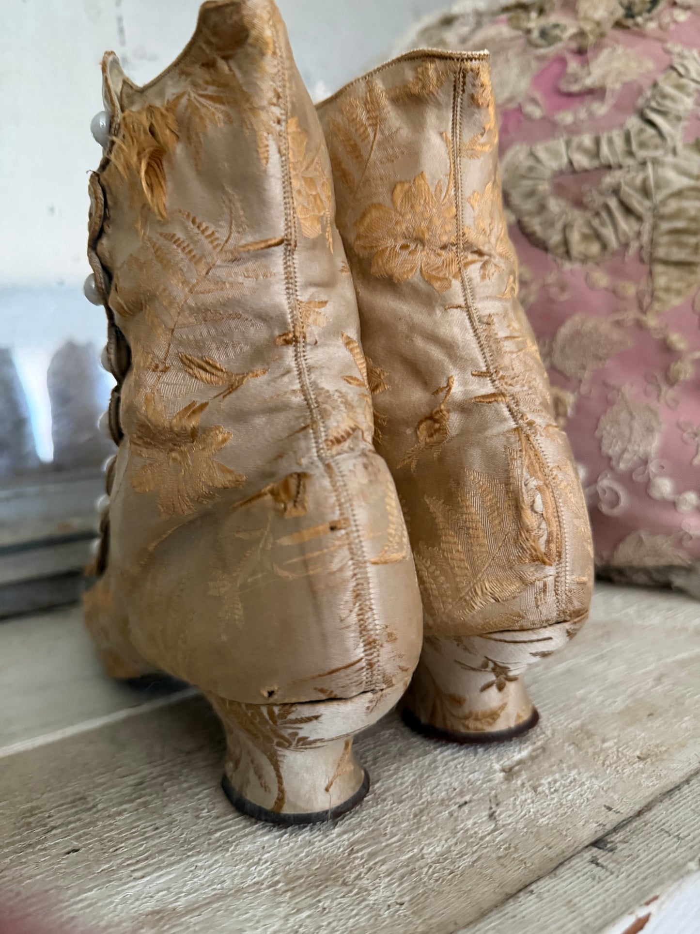 Antique Victorian Gold Silk Boots Shoes