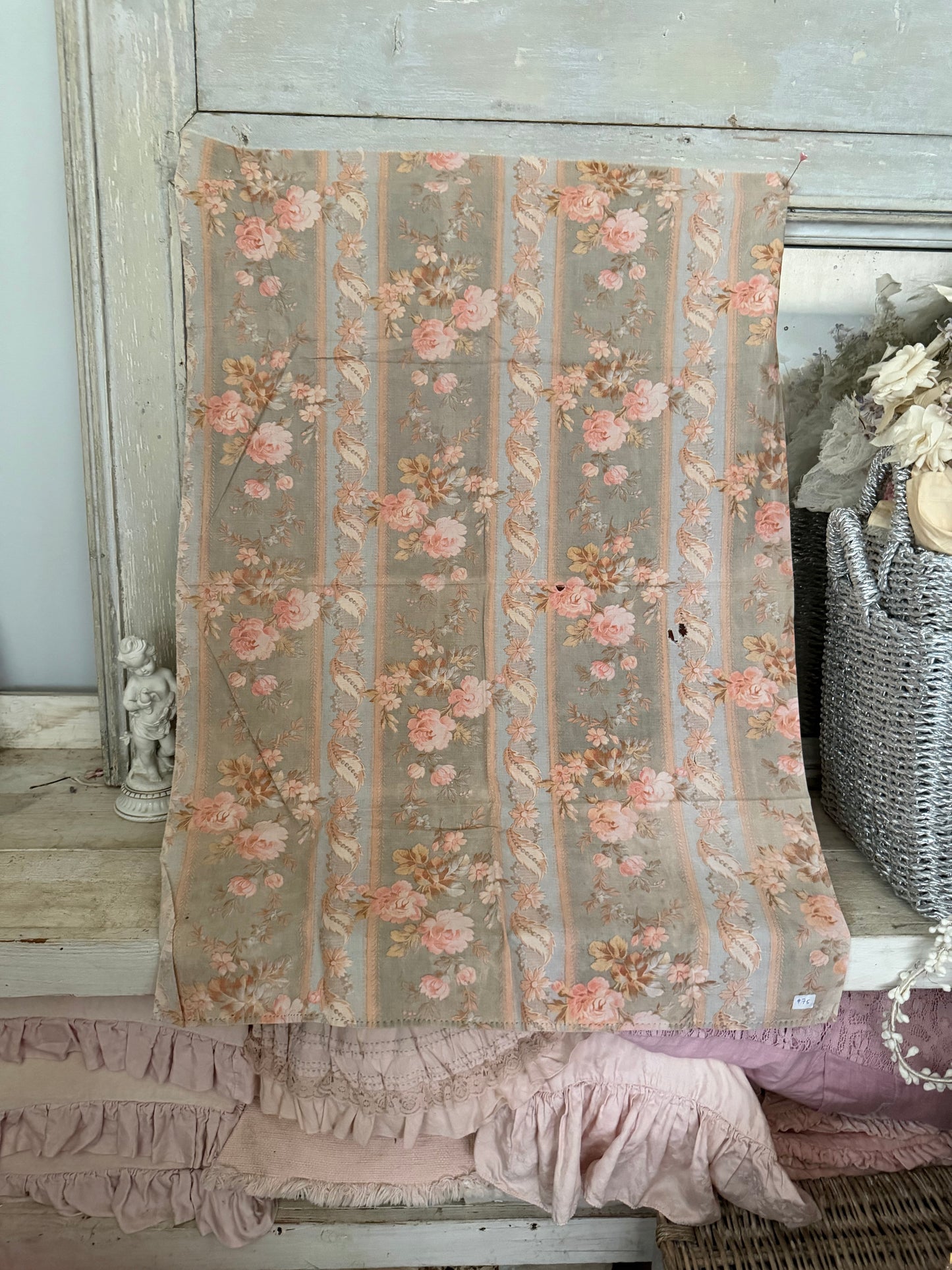 Antique French Fabric Dusty Blue Pink Roses