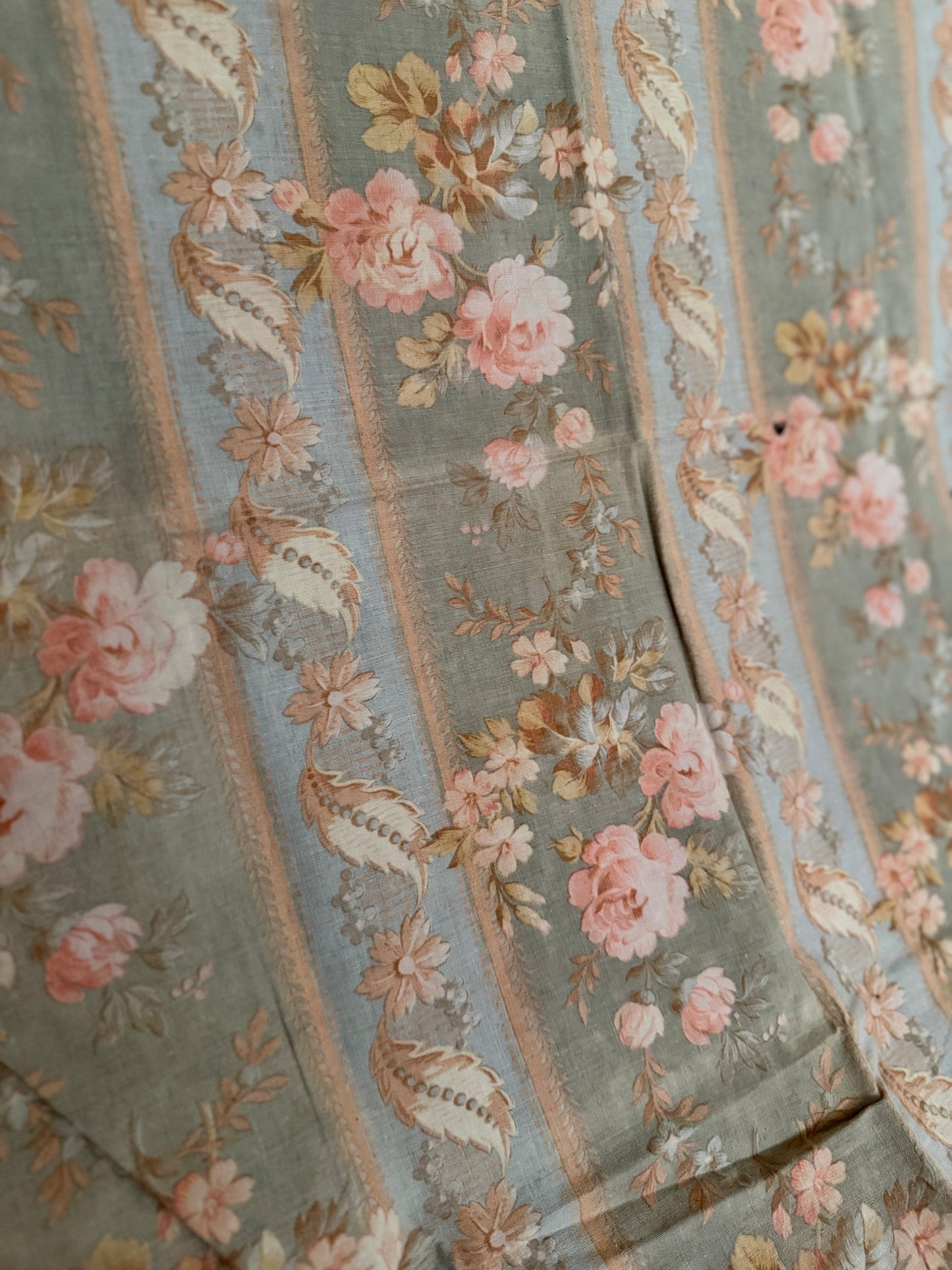 Antique French Fabric Dusty Blue Pink Roses